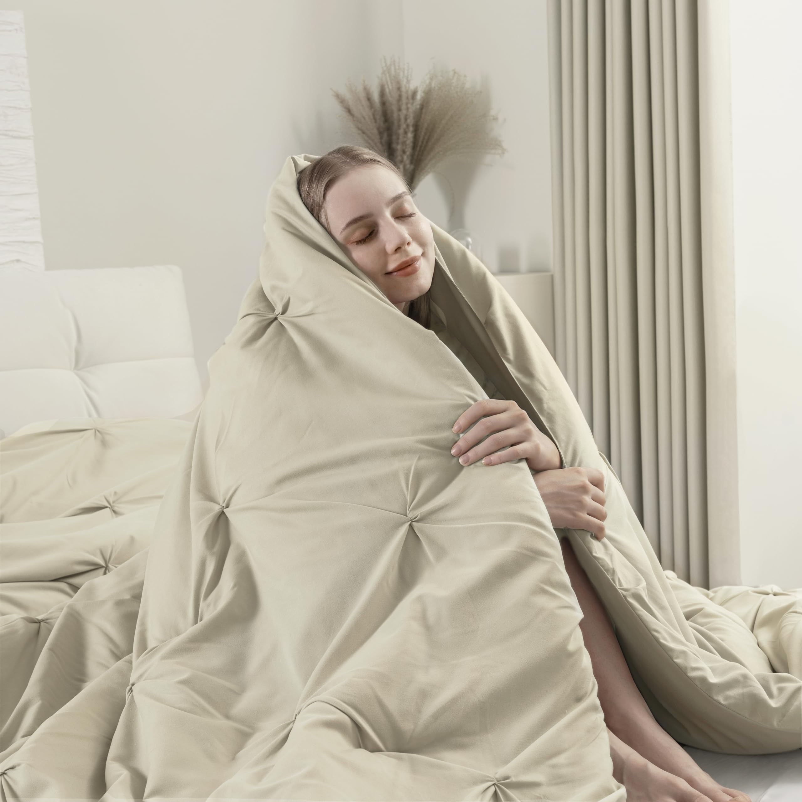 Downcool Full Size Comforter Sets Beige - 3 Pieces Cute Pinch Pleat Bed Set, Soft Fluffy Comforter Full Size For All Season, Pin