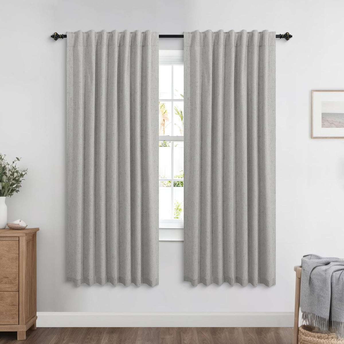 Koufall Black Out Curtains 63 Inch Long,Linen Textured Grey Curains For Bedroom Living Room Gray 63 Inch Length