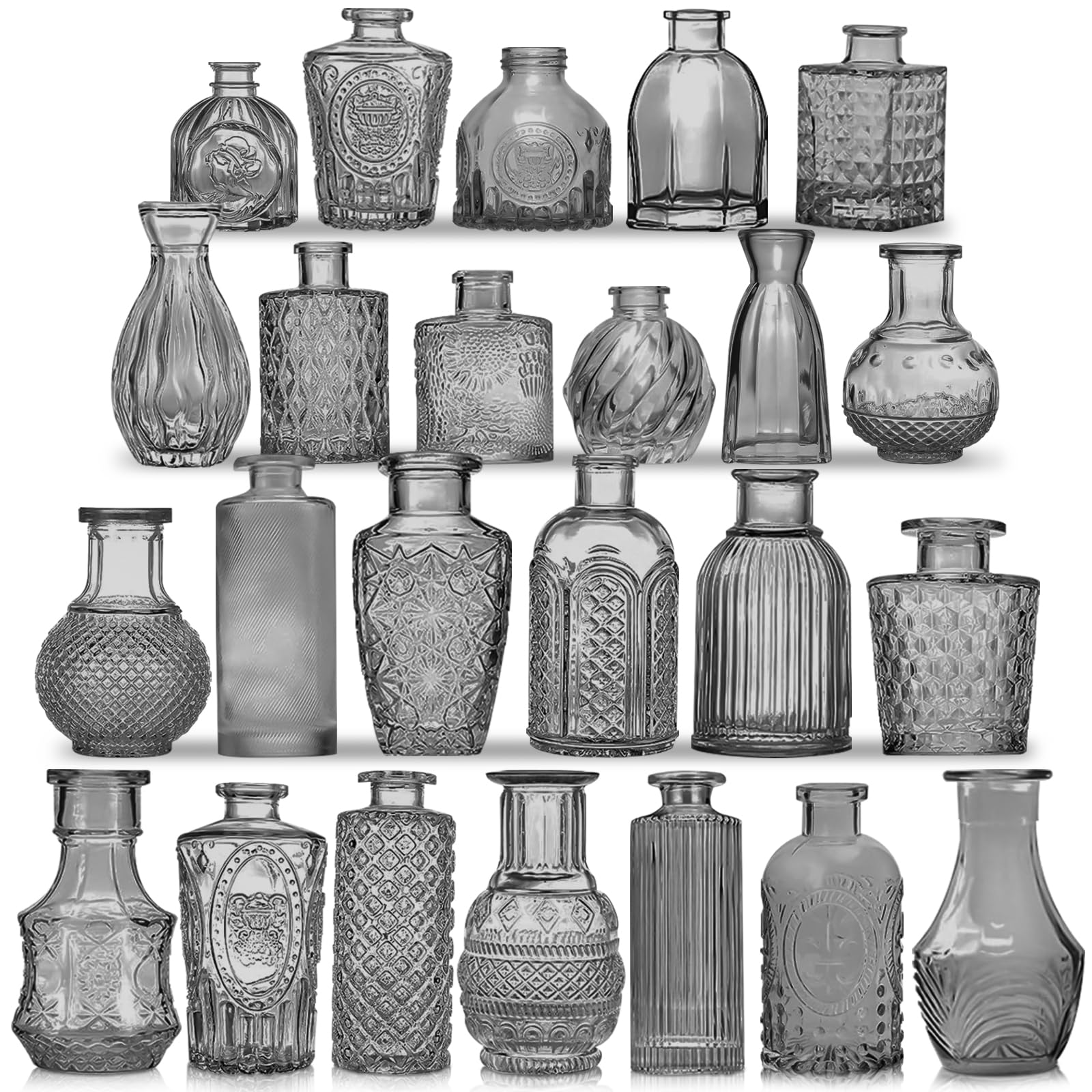 KOIUEYW Dark Gray Bud Vases Set, 24 Pcs Vintage Small Vases for Flowers, Clear Crystal Mini Vases Bud Vases in Bulk, Small Flowe