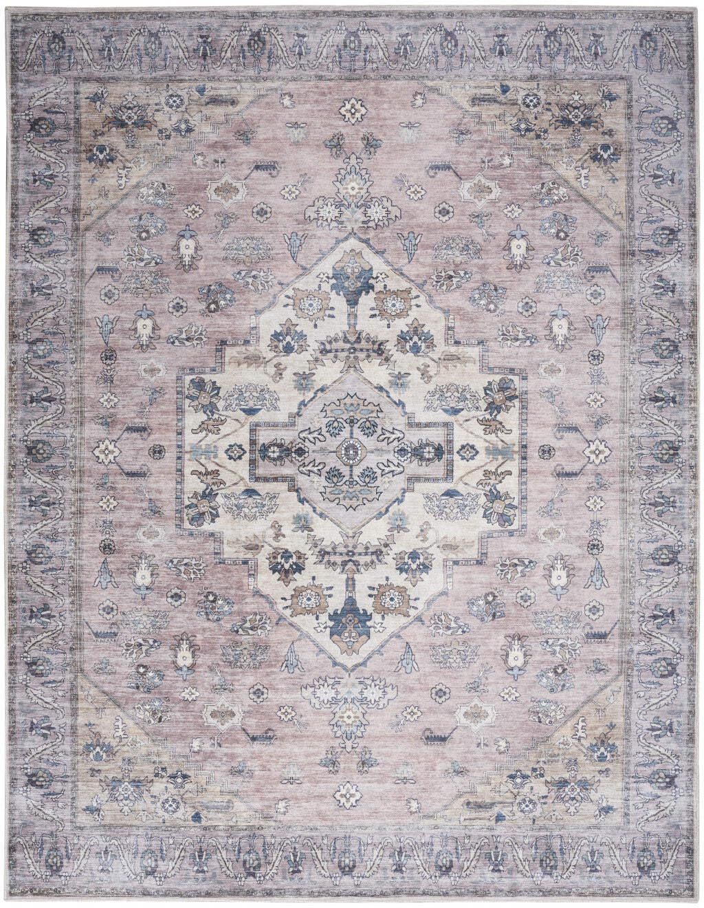 HomeRoots 533308 5 x 7 ft. Pink & Blue Oriental Traditional Power Loomed Distressed Washable Non Skid Rectangle Area Rug