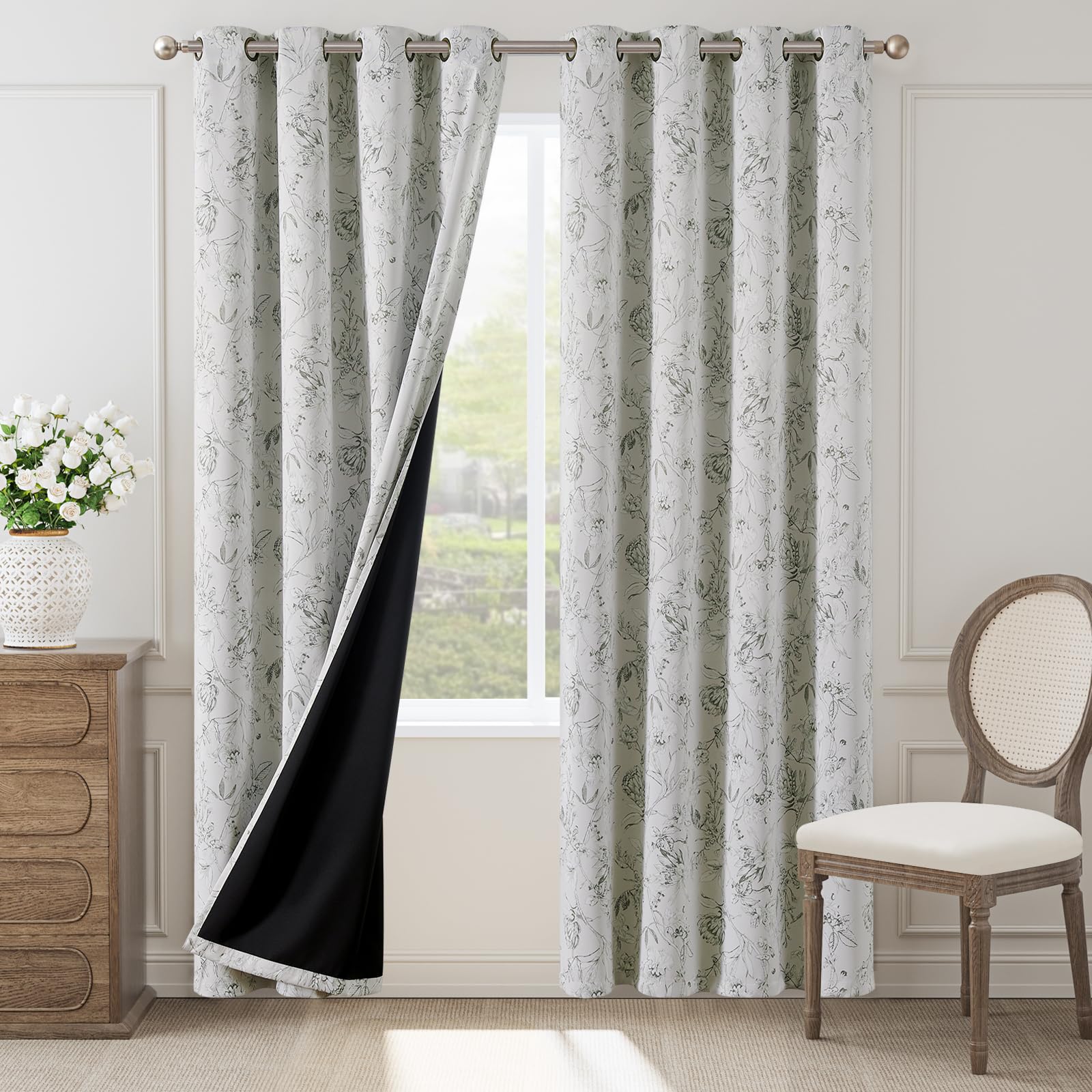 Jinchan Green Floral Blackout Curtains For Bedroom 96 Inches Long, Green Flower Patterned Curtains Blackout Thermal Insulated 10