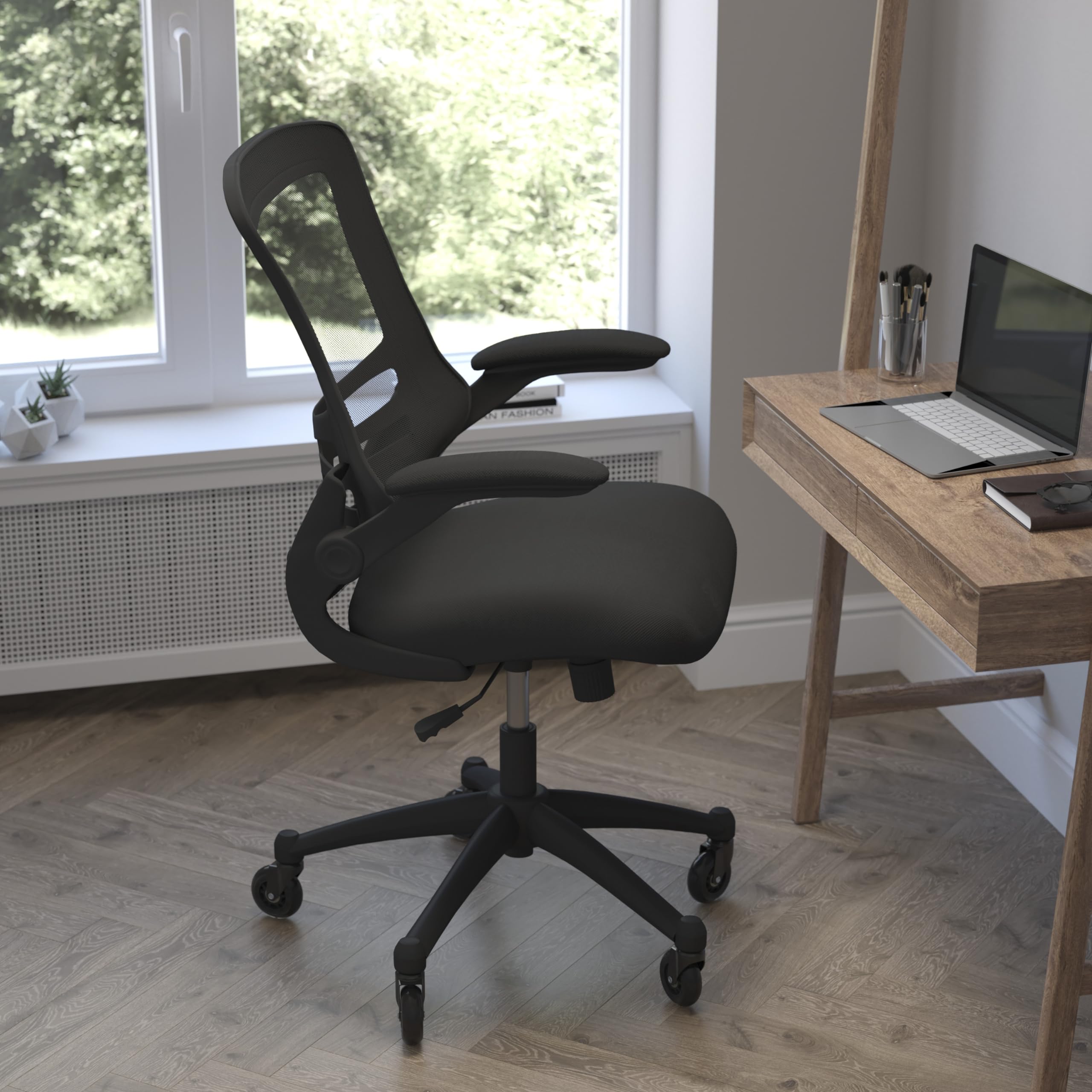 Flash Furniture Kelista Mid-Back Black Mesh Swivel Ergonomic Task Office Chair With Flip-Up Arms And Transparent Roller Wheels