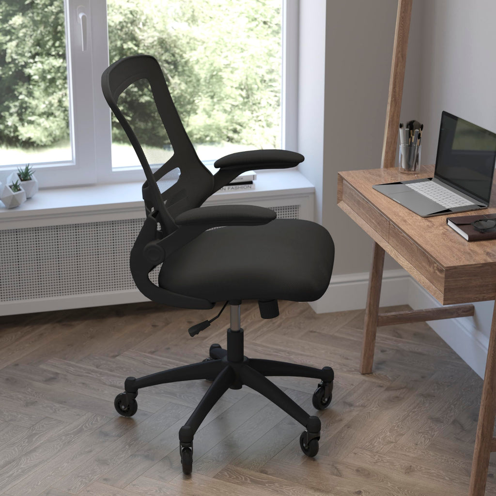 Flash Furniture Kelista Mid-Back Black Mesh Swivel Ergonomic Task Office Chair With Flip-Up Arms And Transparent Roller Wheels