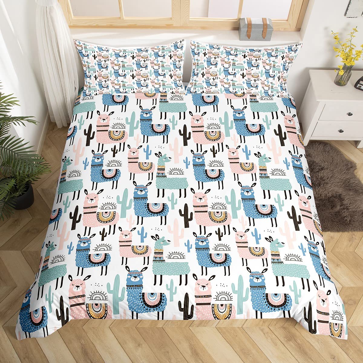 Feelyou Boys Girls Duvet Cover Set King Size For Kids Teen Cute Cartoon Alpaca Llama Cactus Print Bedding Set Botanical Animal C