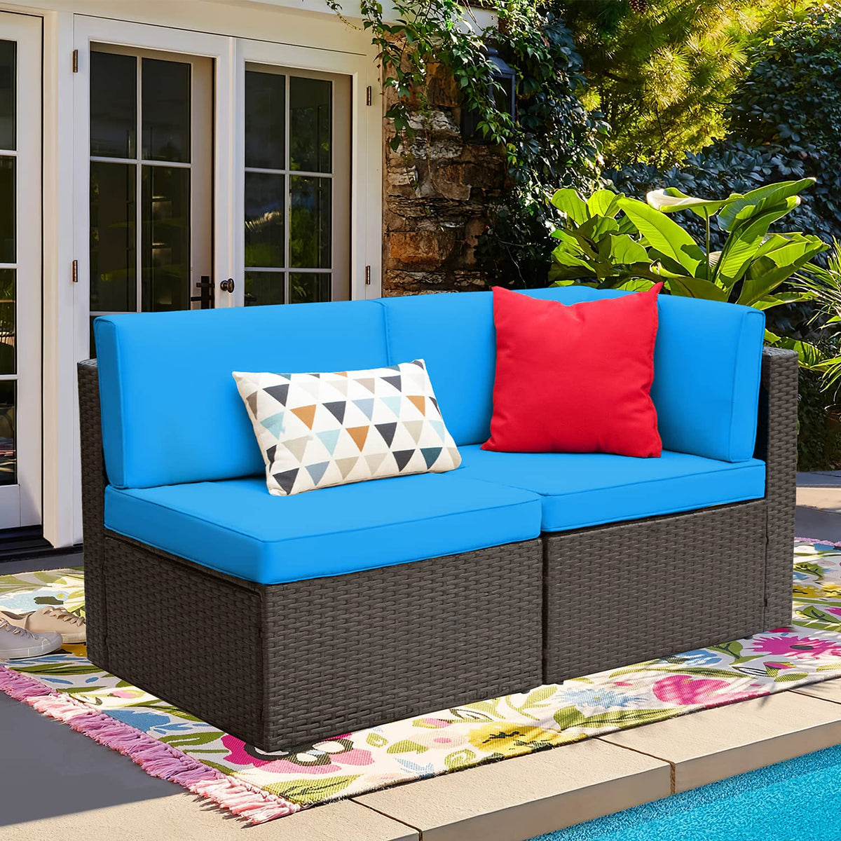 Devoko 2 Pieces Patio Furniture Sofa Sets Outdoor All-Weather Sectional Corner Sofa And Armless Sofa (Blue)