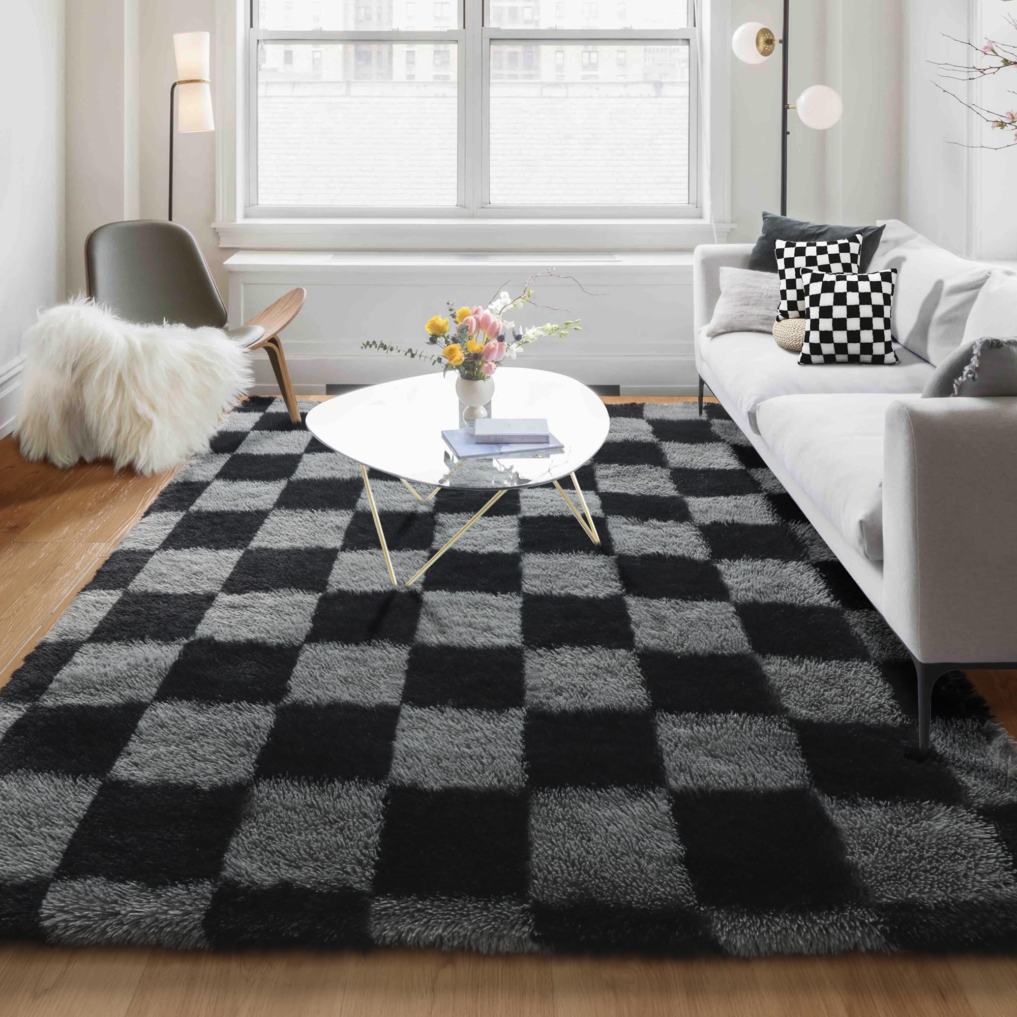 KICMOR Checkered Rugs for Living Room 5x8 Black and Grey, Fluffy Fuzzy Plush Soft Shag Area Rug, Large Big Shaggy Floor Carpets 