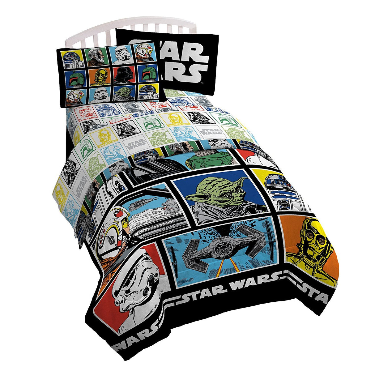 Star Wars Classic Grid Full Comforter - Super Soft Kids Reversible Bedding Features Darth Vader, Stormtrooper, And Chewbacca - F