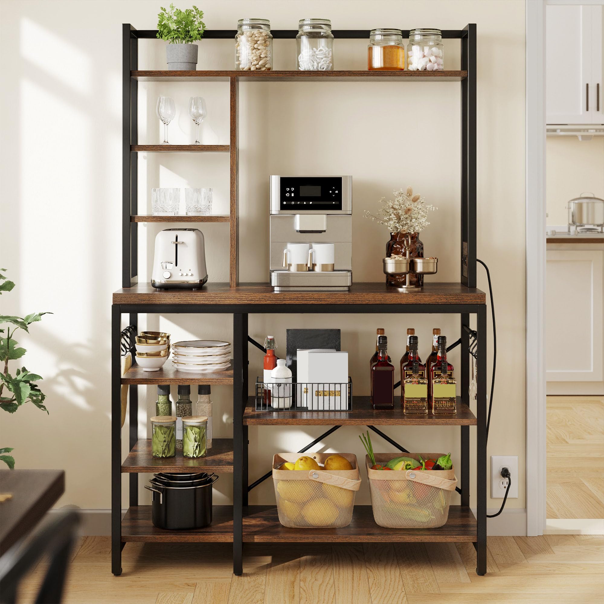 YITAHOME Microwave Stand Bakers Rack w Power Outlet, Coffee Bar Kitchen Freestanding Utility Storage Shelf for Pantry Appliance 