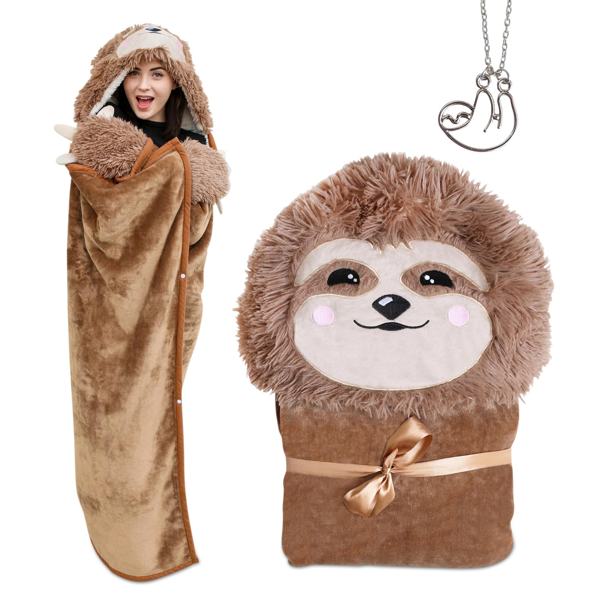 Sloth Wearable Hooded Blanket With Sloth Pendant Necklace - Warm And Cozy Oversized Blanket Hoodie With Claws Hand Gloves- Premi