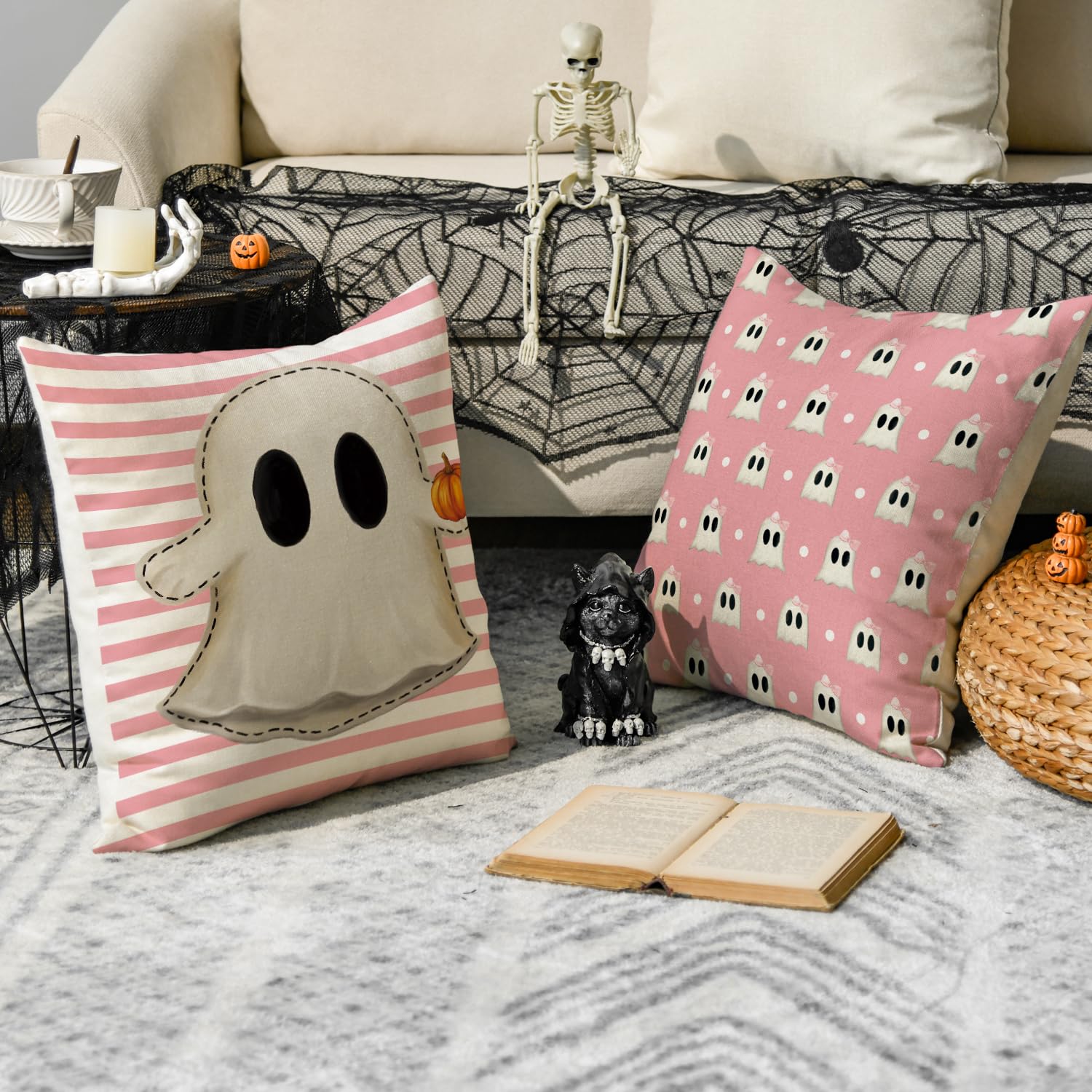 Avoin Colorlife Halloween Hey Boo Cute Ghost Spooky Pink Throw Pillow Covers, 18 X 18 Inch Horror Scary Cushion Case For Sofa Co