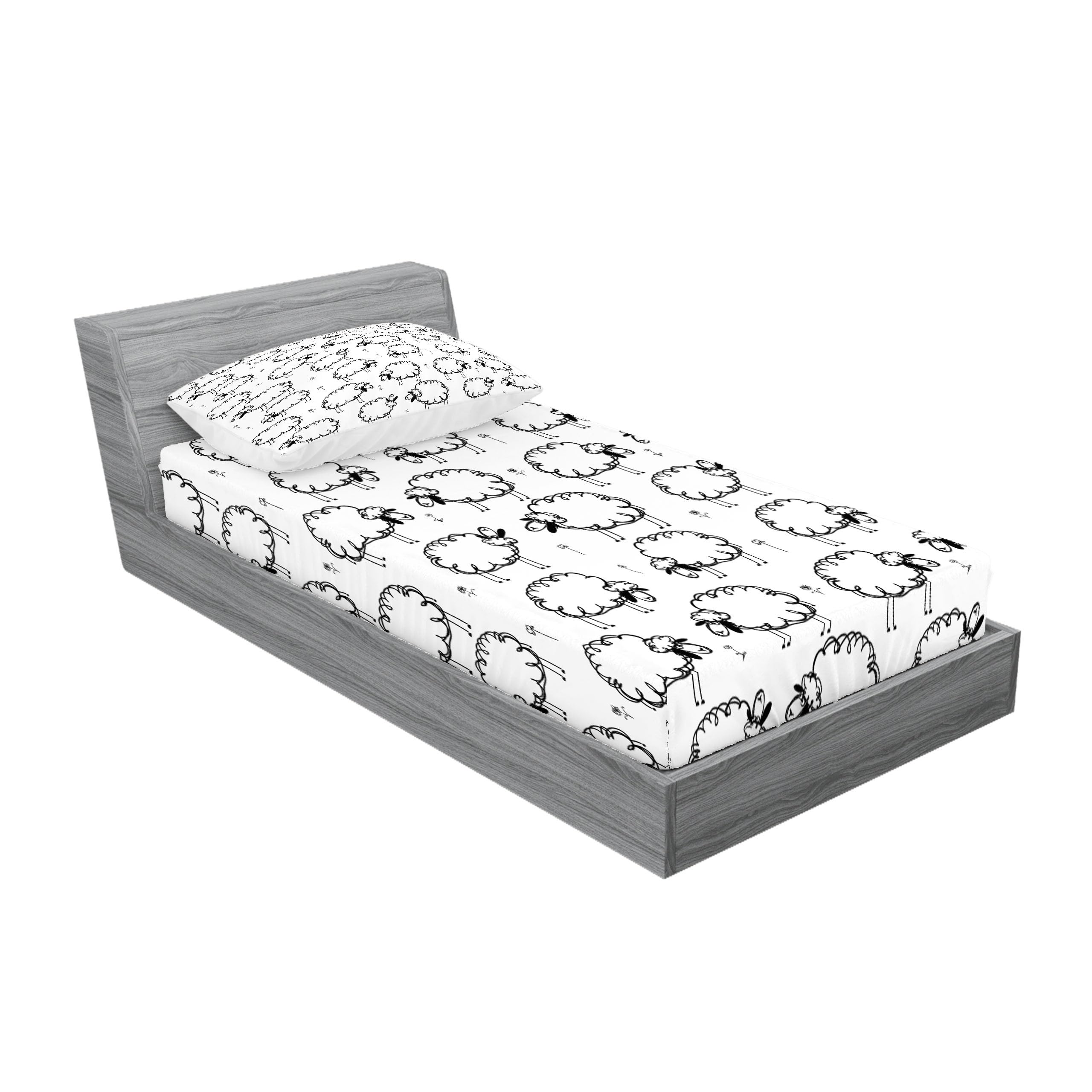 Ambesonne Funny Fitted Sheet & Pillow Sham Set, Humorous Sheep Patterns On Meadow Flower Comic Doodle Playroom Kids Art Print, D