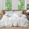 MooMee Striped Duvet Cover Set 100% Washed Cotton Linen Like Textured Breathable Durable Soft Comfy (White Heathered Green Wide 