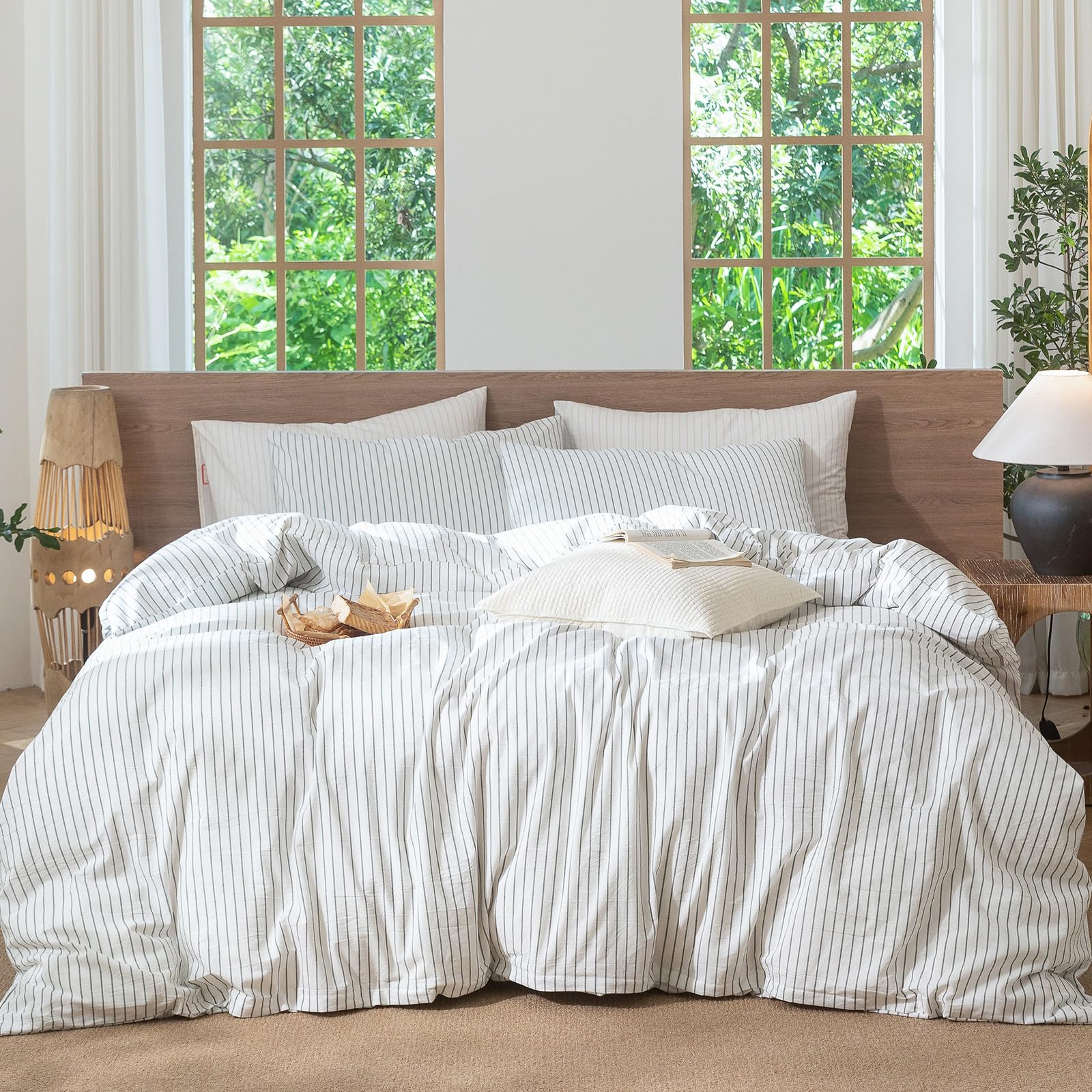 MooMee Striped Duvet Cover Set 100% Washed Cotton Linen Like Textured Breathable Durable Soft Comfy (White Heathered Green Wide 