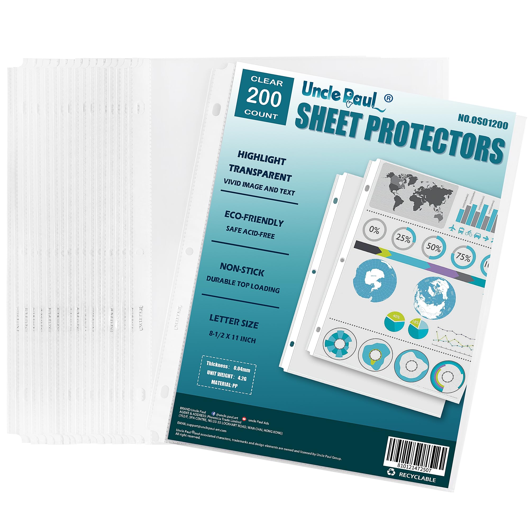 Sheet Protectors/Top Load For 8.5 X 11 Inch Sheets/Highlight Transparent Acid-Free For 3 Ring Binder Os01 (Clear, 200 Sheets)