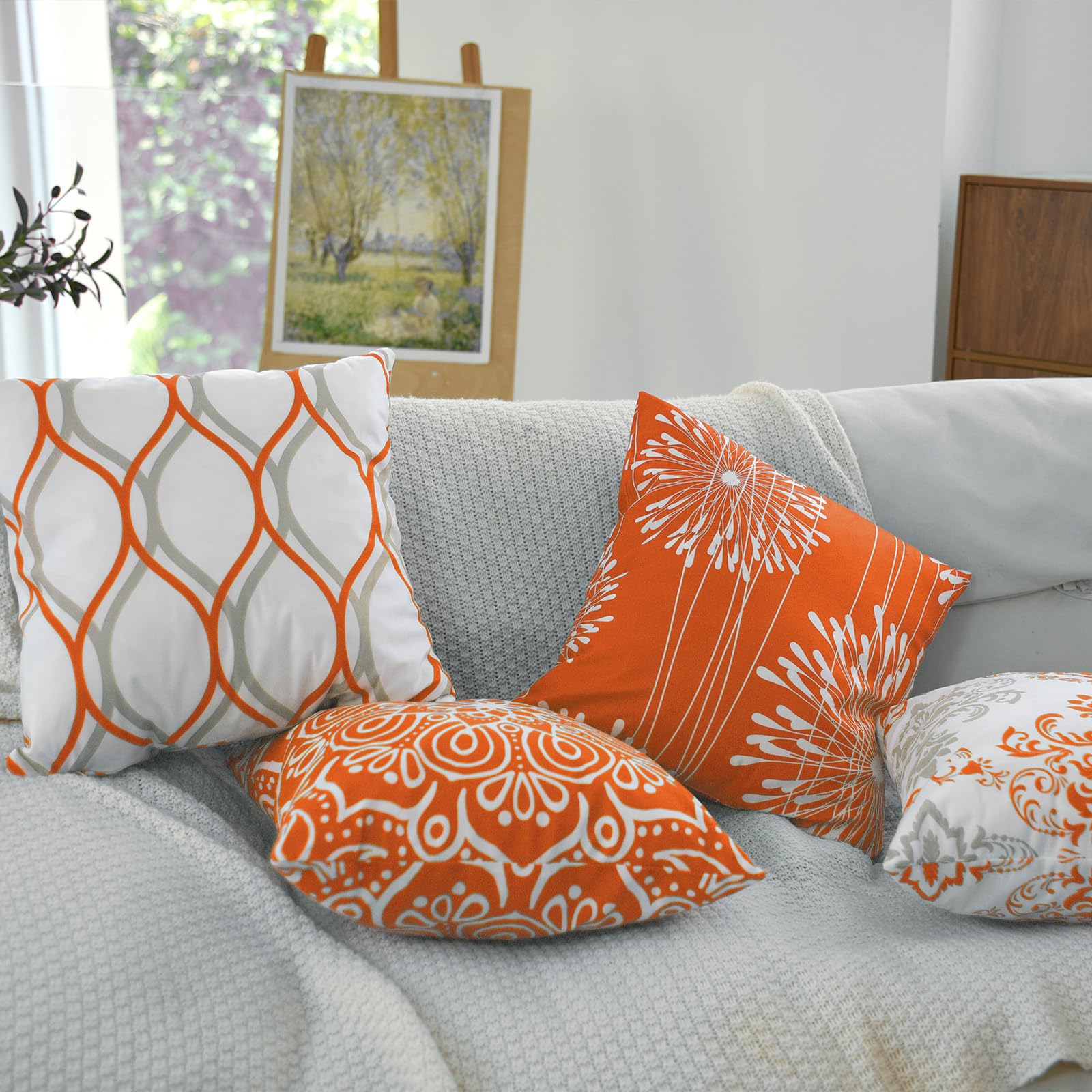 Coliuso Decorative Throw Pillow Covers 18X18 Inch Set Of 4,Orange And White Modern Simple Square Pillow Case Cushion Cover For S