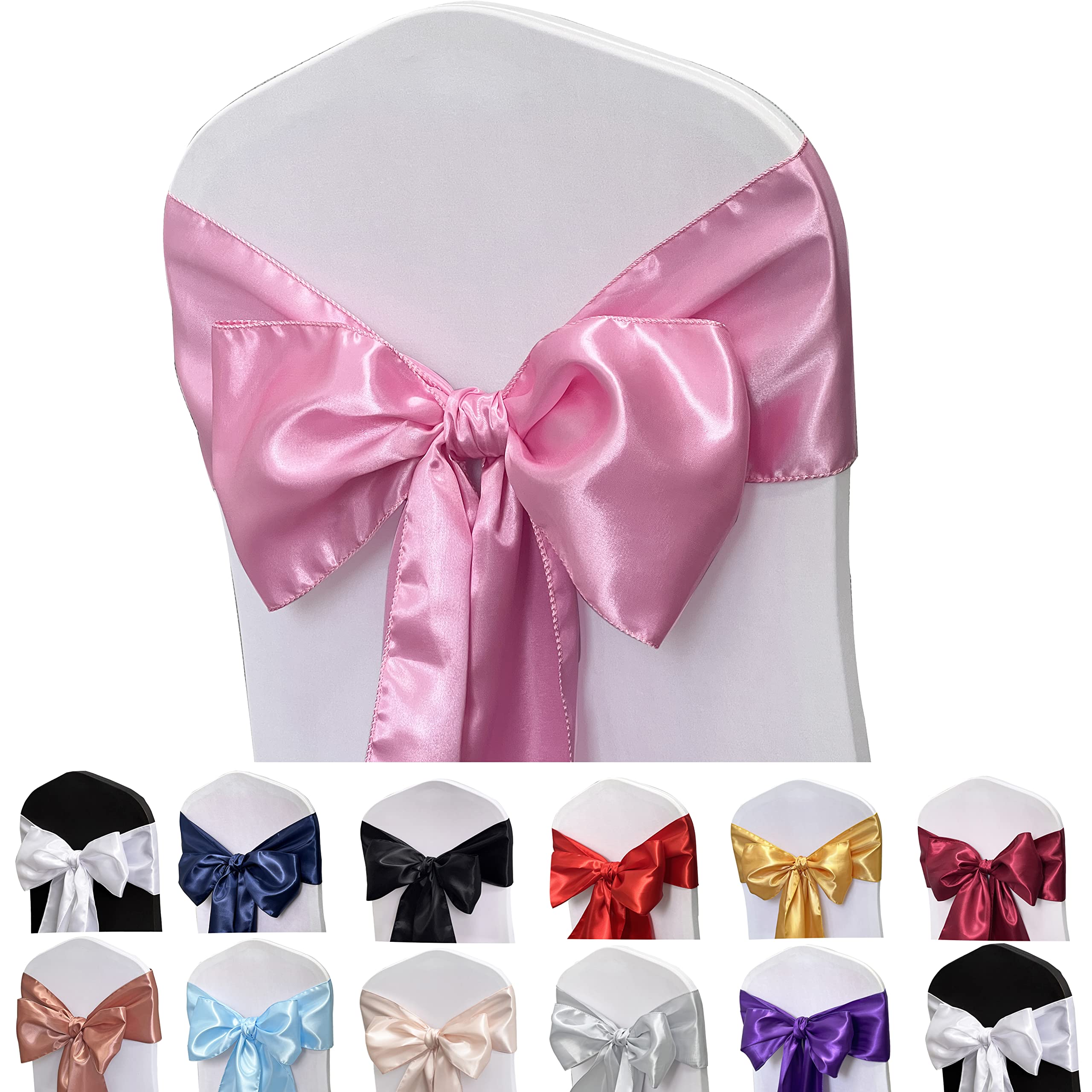 Maiangel Satin Chair Sashes Bows-50Pcs Chair Ribbon Ties Back Sash For Wedding Party Events Banquet Chair Cover Decoration (Pink