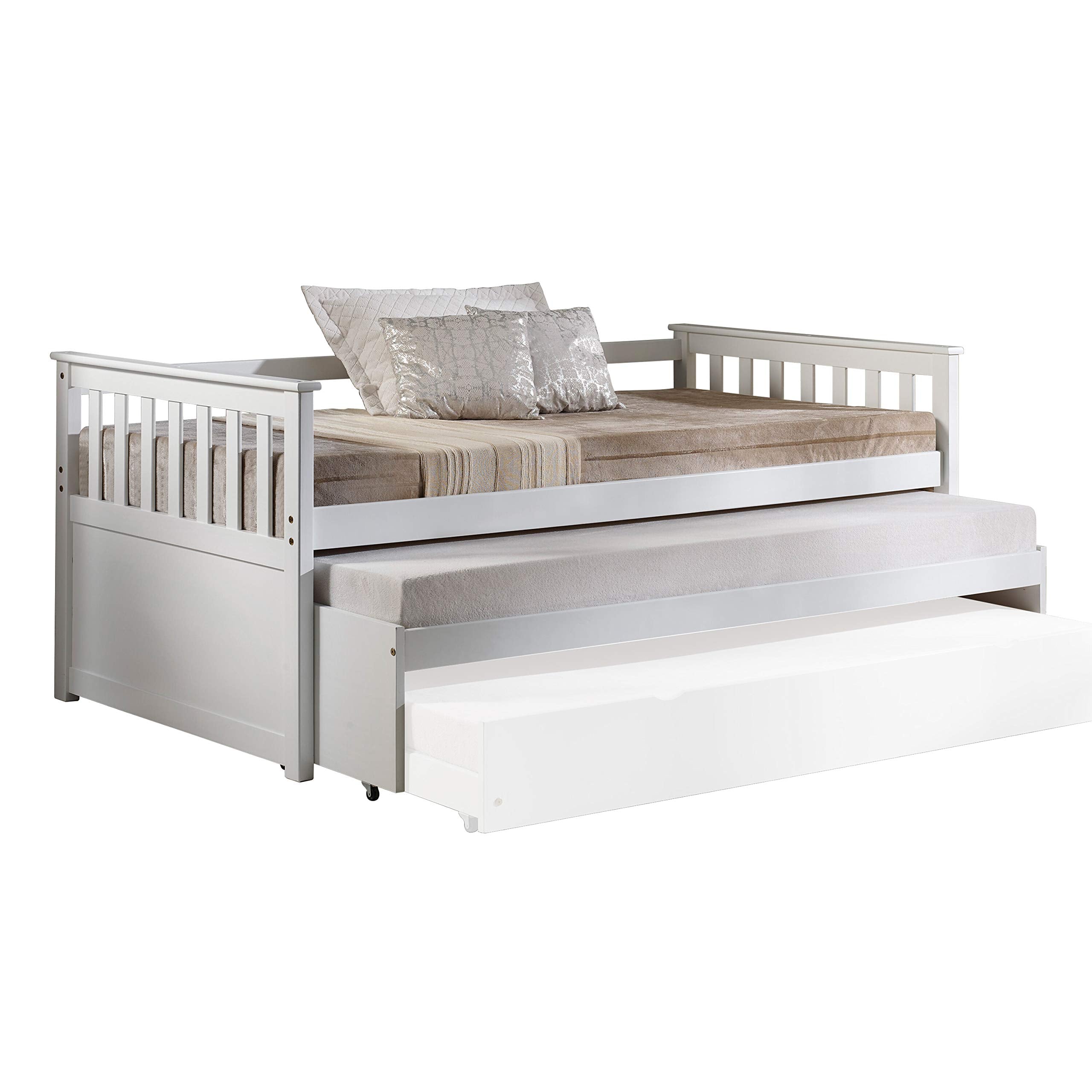 Acme Daybed & Roll-Out Bed (15" H) Twin Size Sofa Bed Living Room Guest Bed Bedroom Box Spring Not Required, Shelter Style Day Bed Armrest, Slat Included (12+12+12), Easy Assembly, White Finish