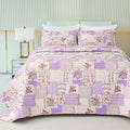 Garden Floral Quilt Bedspread Queen Size,3 Piece Patchwork Lilac Quilt Set With 2 Pillow Shams,Summer Bedding Set For Girls Wome