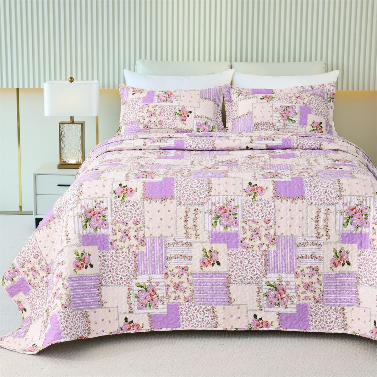 Garden Floral Quilt Bedspread Queen Size,3 Piece Patchwork Lilac Quilt Set With 2 Pillow Shams,Summer Bedding Set For Girls Wome