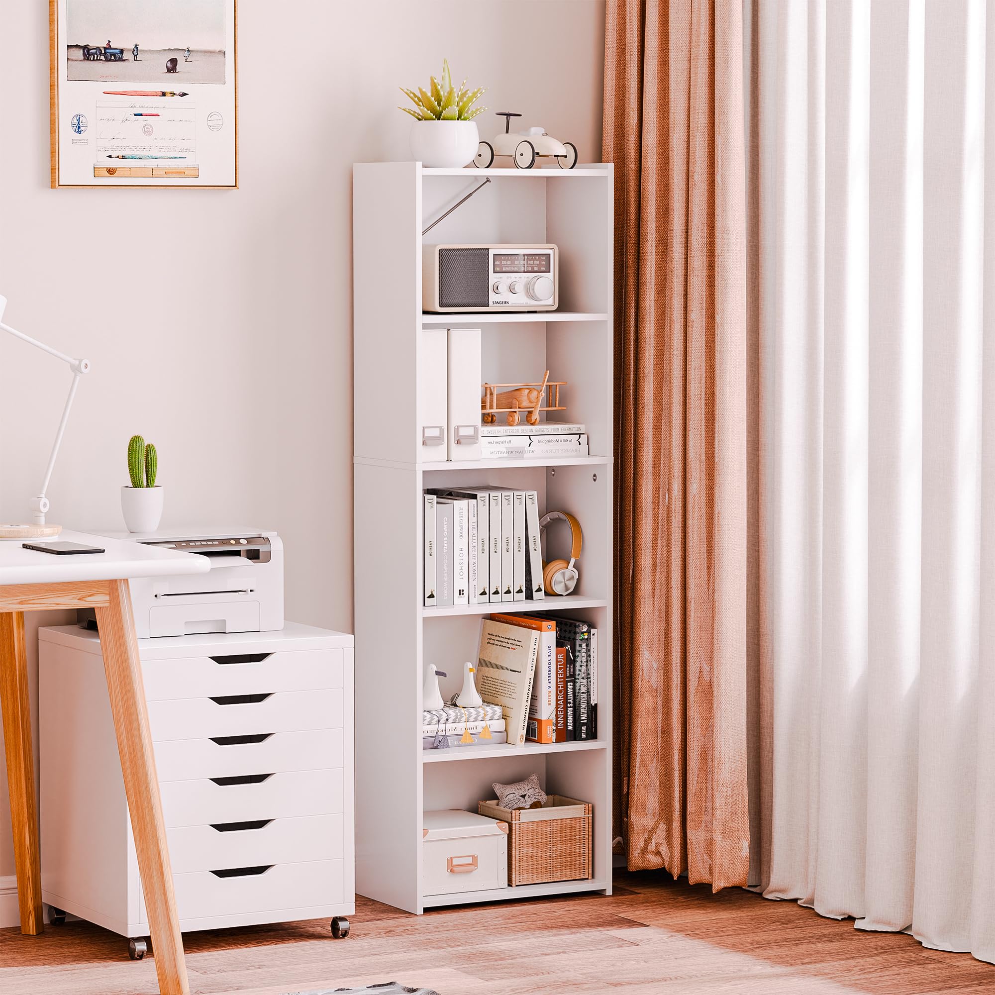 Super Deal 5-Tier Bookshelf Narrow Bookcase Wood Cube Storage Shelf Freestanding Open Shelf Display Storage Organizer For Small