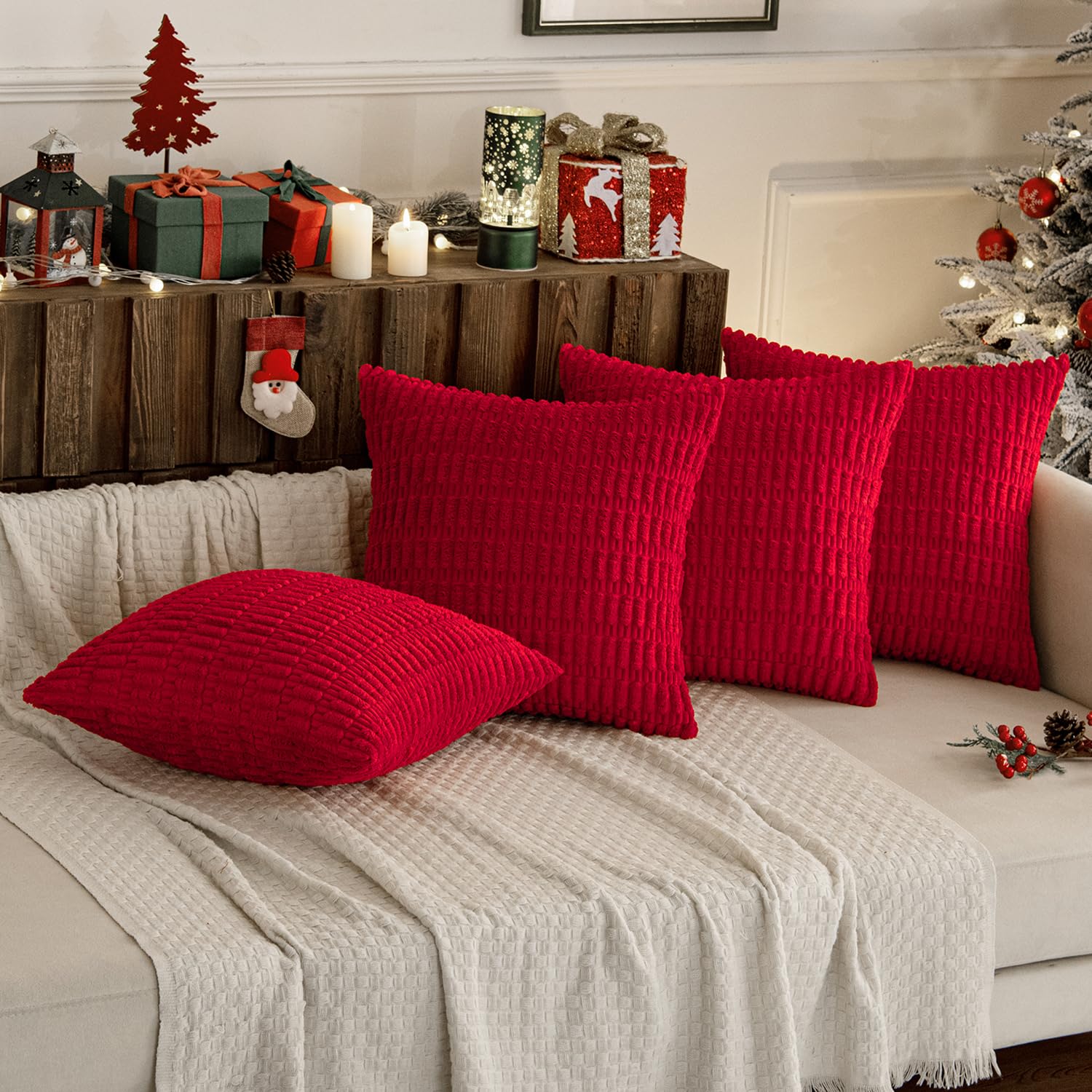 Miulee Pack Of 4 Red Corduroy Decorative Throw Pillow Covers 20X20 Inch Soft Boho Striped Pillow Covers Modern Farmhouse Home Decor For Sofa Living Room Couch Bed