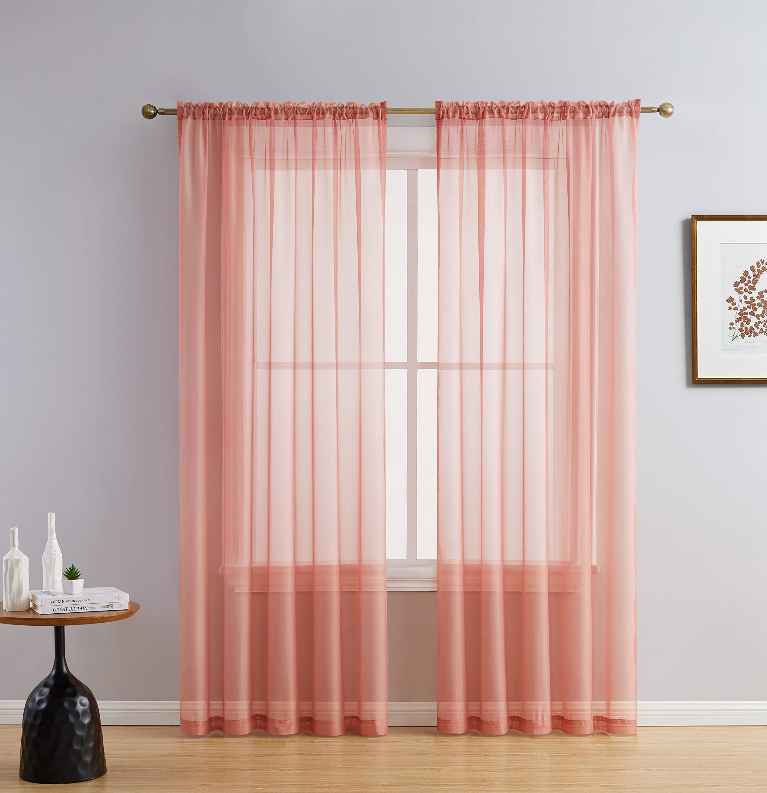 Hlc.Me Blush Pink Sheer Curtain Panels: Sheer Voile Light Filtering Window Treatment Coverings Rod Pocket Curtain Panels For Bed
