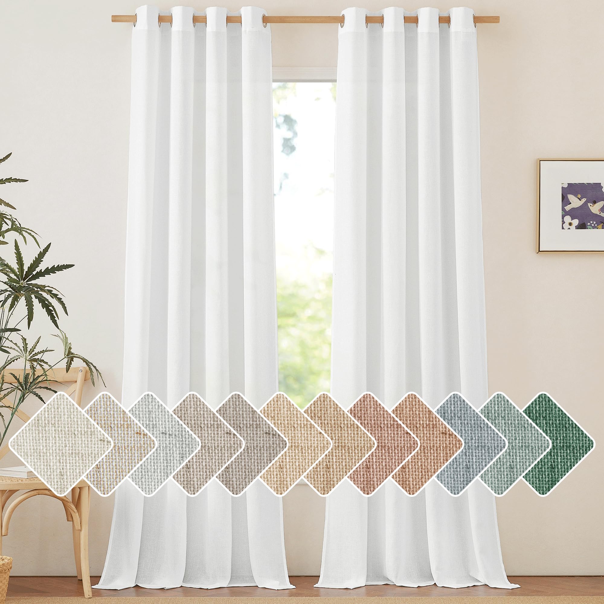 Nicetown White Linen Curtains 108 Inches Long For Home Office, Grommet Privacy Added With Light Filtering Thick Flax Window Treatments For Bedroom/Living Room, Natural, W55 X L108, 2 Panels