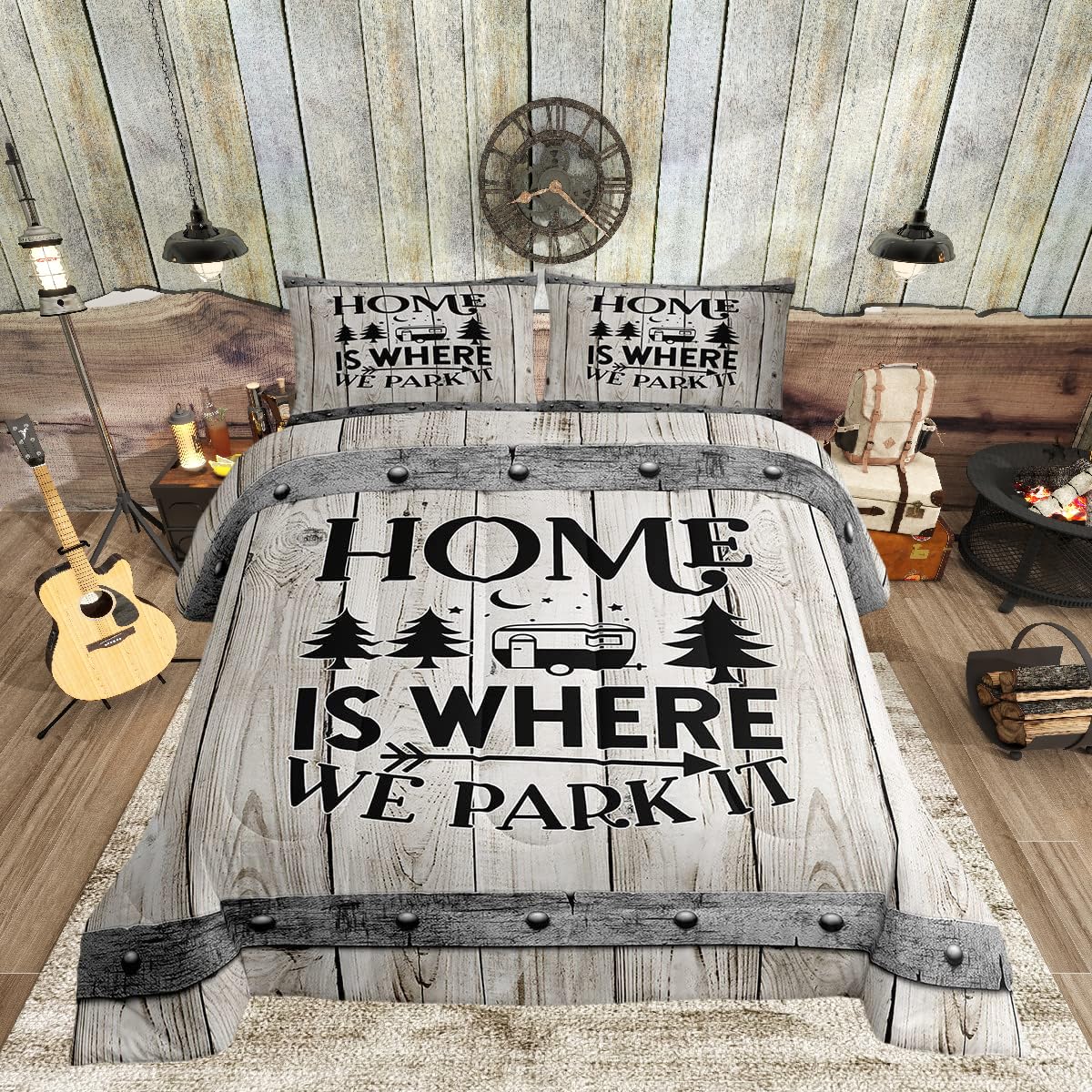 Camper Rv Comforter Set Full Size,Camping Travel Trailer Decor Bedding Set 3Pcs For Kids Boys Girls Adults,Vintage Wooden Plank