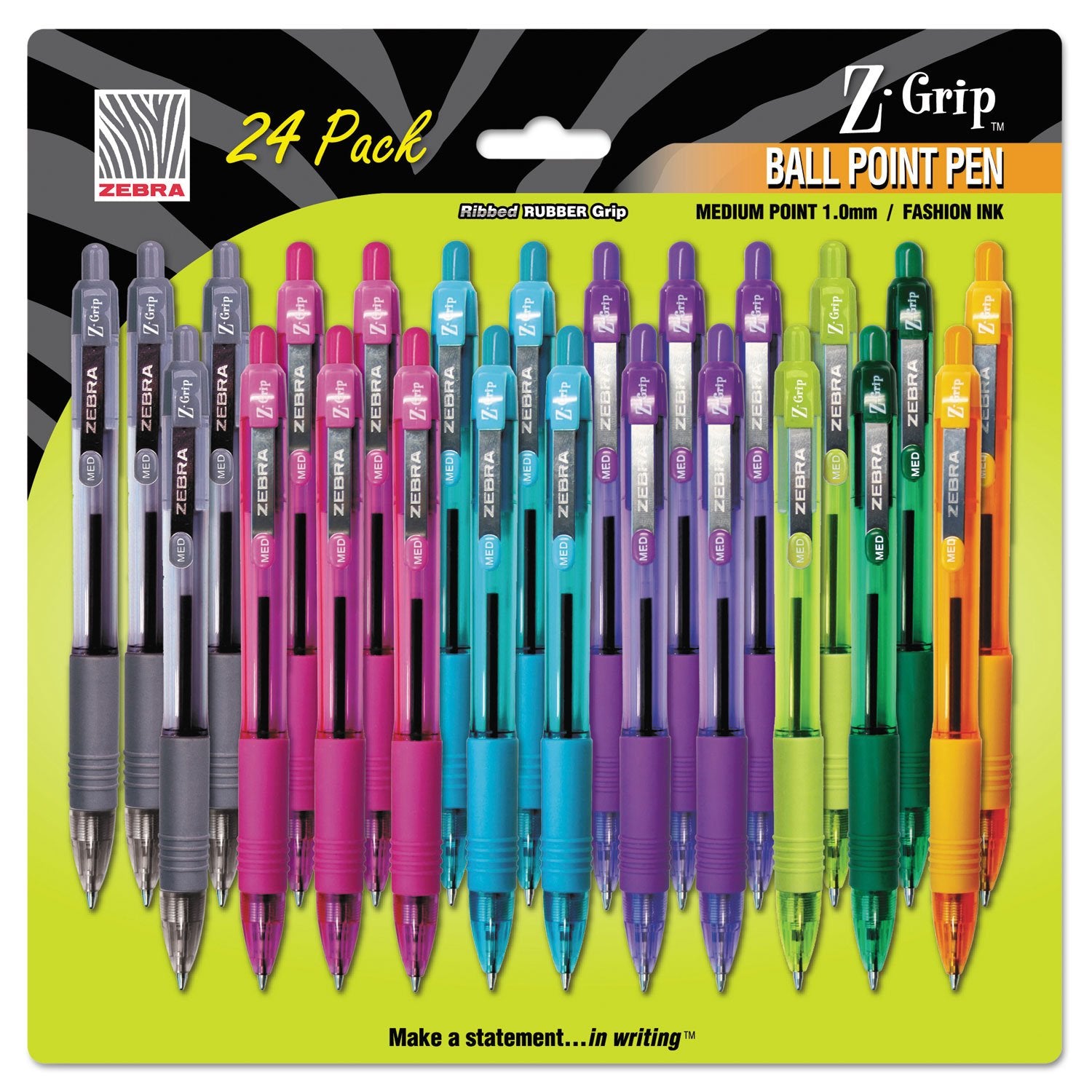 Zebra Z-Grip Ballpoint Pen, Retractable, Medium 1 Mm, Assorted Artistic Ink And Barrel Colors, 24/Pack