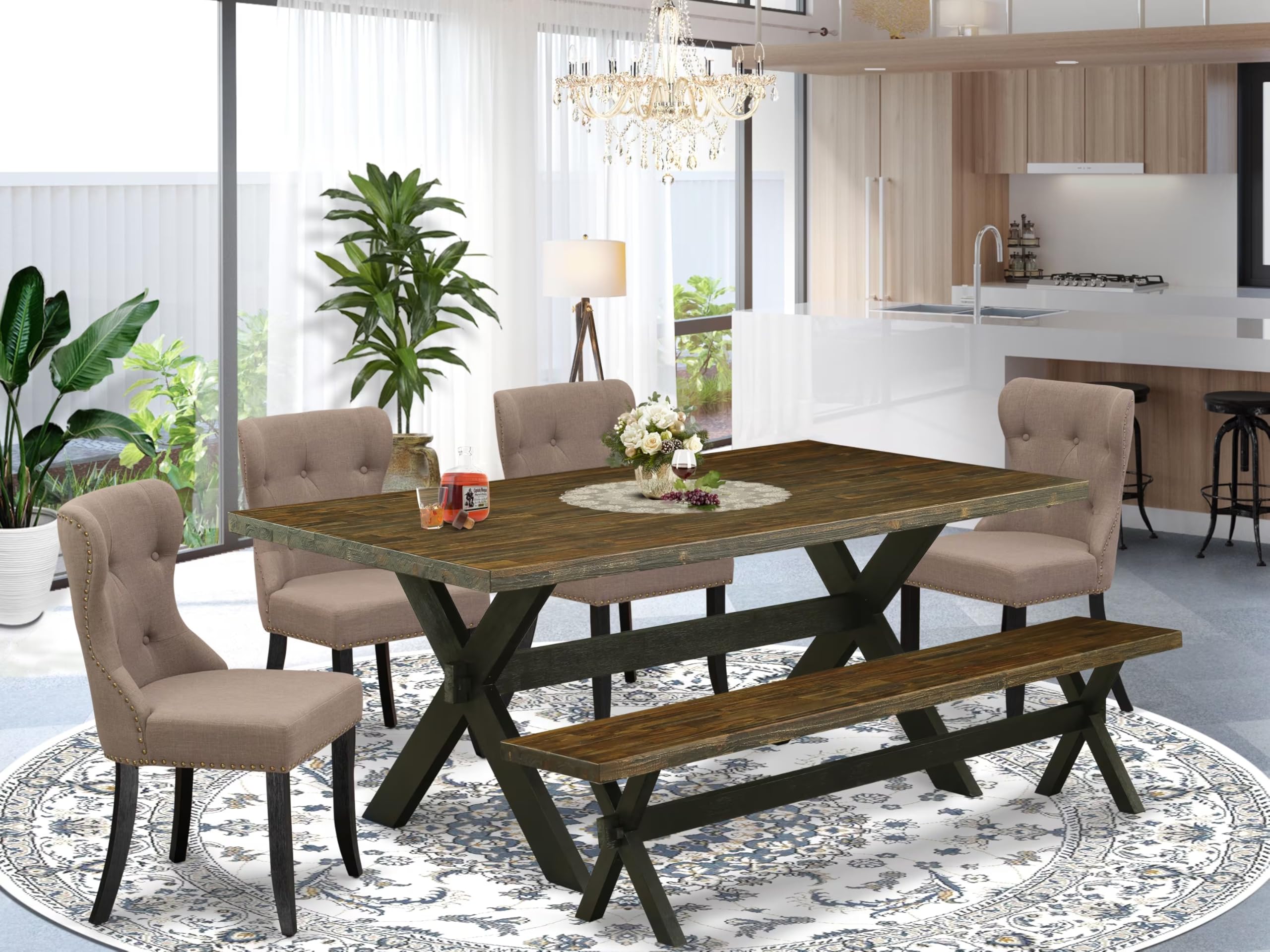 East West Furniture X677Si648-6 6 Piece Dining Table Set Contains A Rectangle Dining Room Table With X-Legs And 4 Coffee Linen Fabric Parson Chairs With A Bench, 40X72 Inch, Multi-Color
