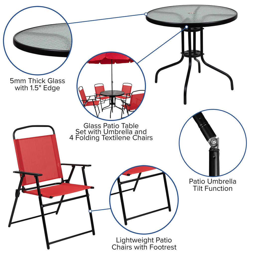 Flash Furniture Nantucket 6 Piece Red Patio Garden Set with Table, Umbrella and 4 Folding Chairs