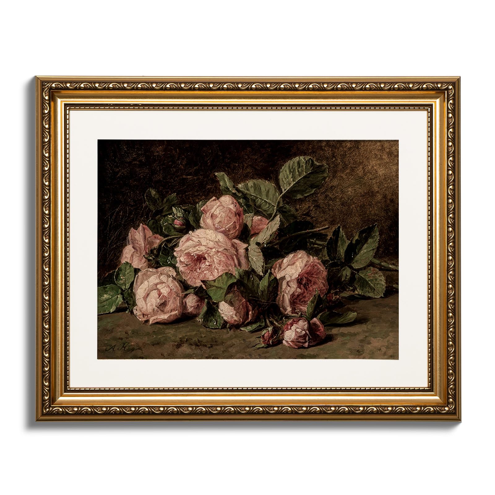 ARPEOTCY Still life Gold Framed Wall Art, Retro Pink Roses Canvas Prints Artwork with Antique Frame, Victorian Wall Paintings De