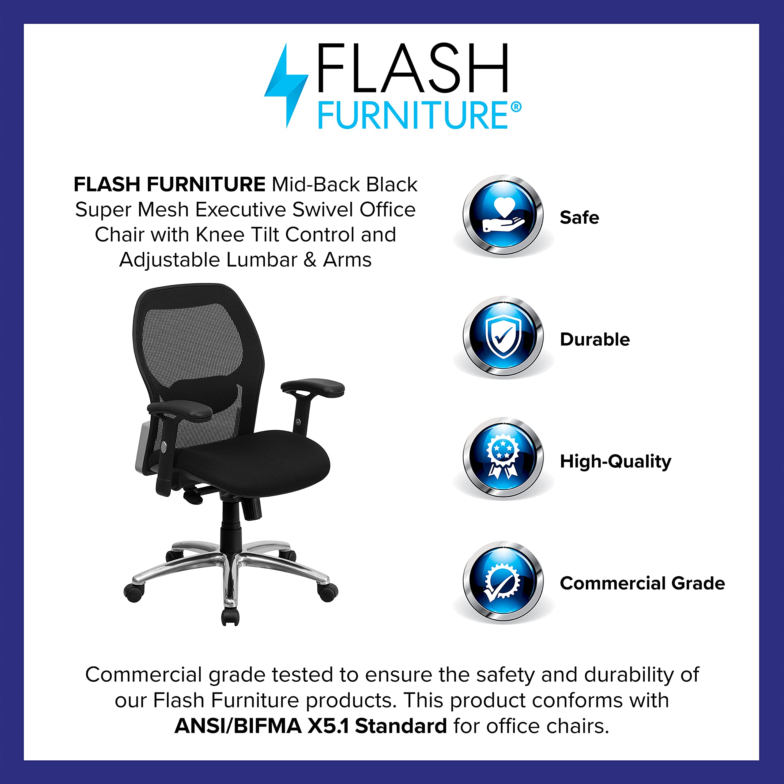 Flash Furniture Albert Mid-Back Black Super Mesh Executive Swivel Office Chair with Knee Tilt Control and Adjustable Lumbar & Arms