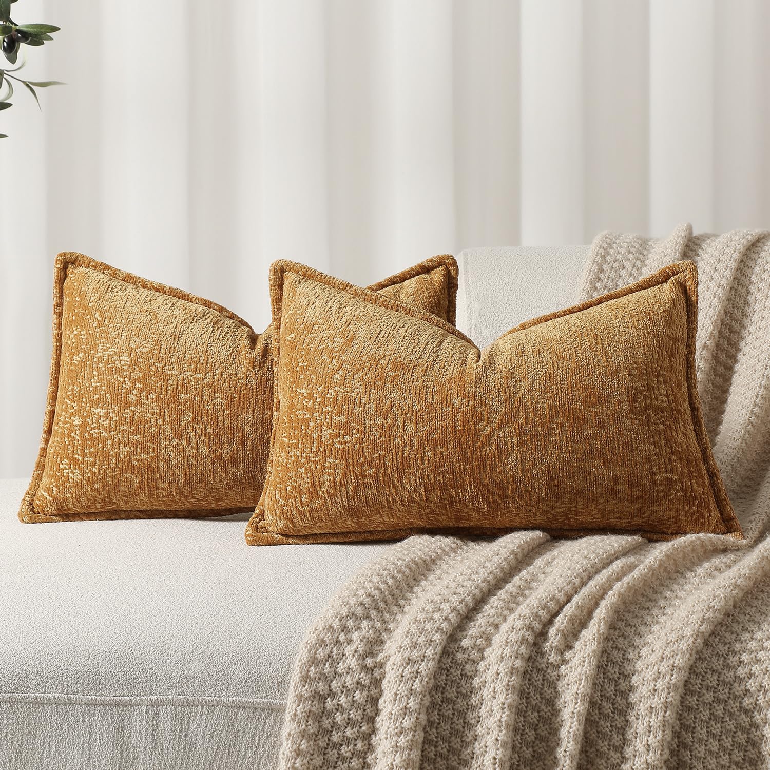 Dezene Pack Of 2 Golden Brown Decorative Throw Pillow Covers 12X20 Cozy Soft Chenille Accent Vintage Rectangular Lumbar Couch Pi
