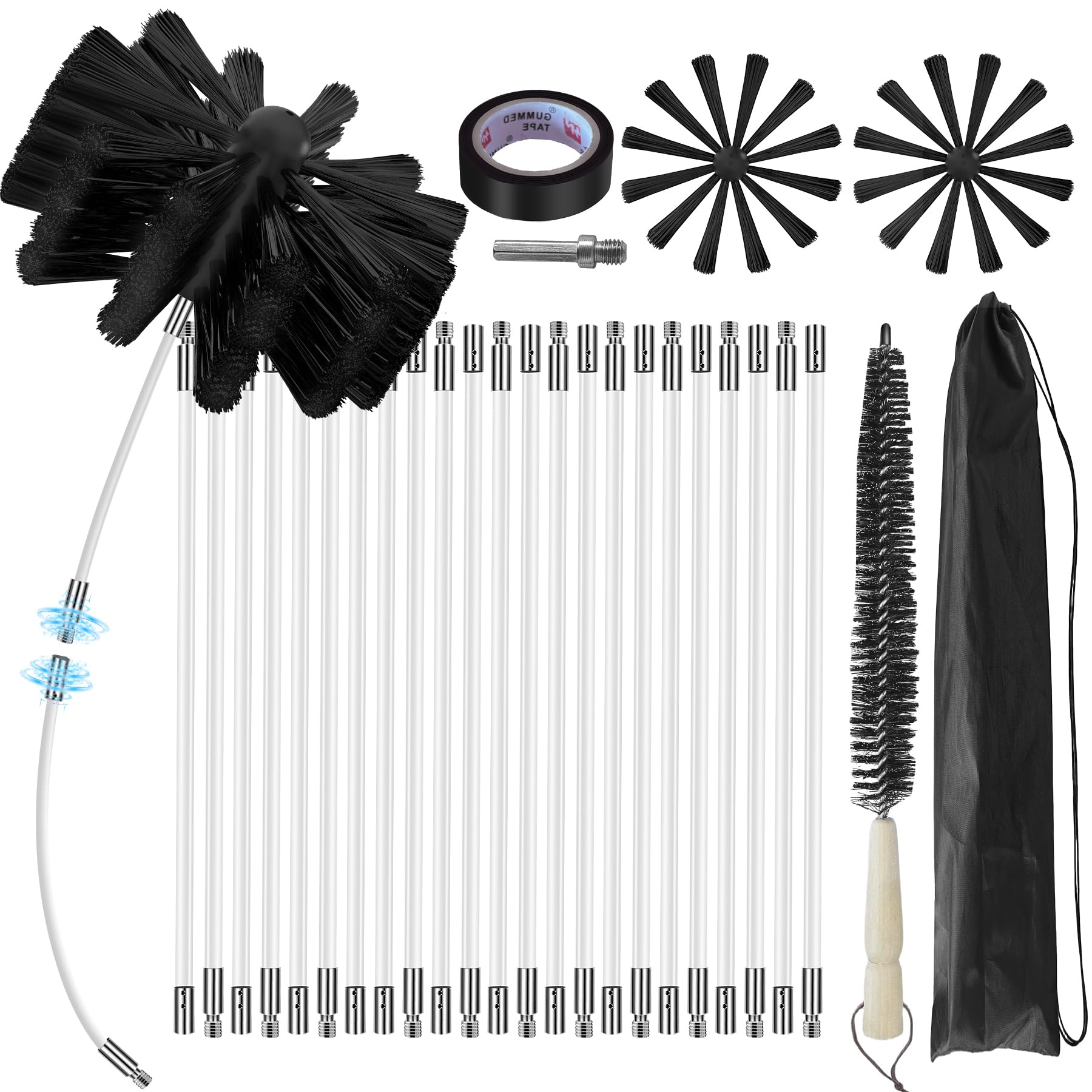 30Feet Chimney Sweep Kit,6 in Brush Head,Dryer Vent Cleaner Kit, Chimney Sweep&Chimney Cleaning Kit, Rotary Chimney Cleaning Sys