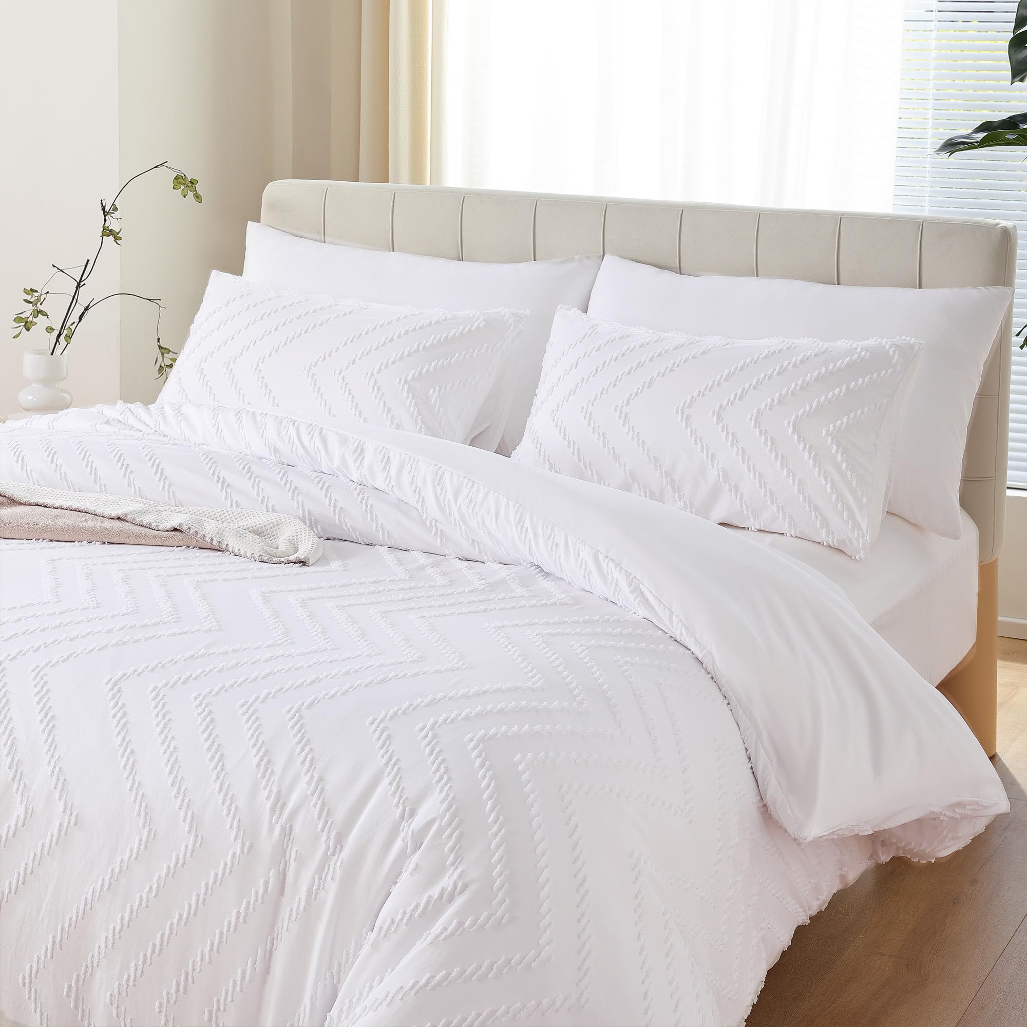 Yirddeo White Comforter Queen Size 3Pcs Boho Chevron Comforter Set Queen White Farmhouse Bedding Sets Queen, Vertical Tufted Com