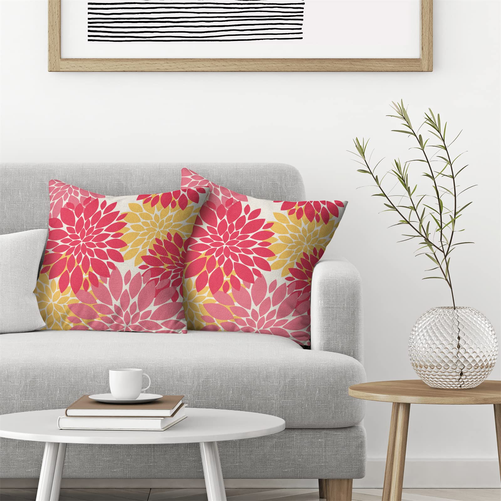 Decorative Preppy Pillow Covers 16X16 Inch Set Of 2 Pink Yellow Dahlia Floral Decor Throw Pillows Summer Modern Geometry Flower