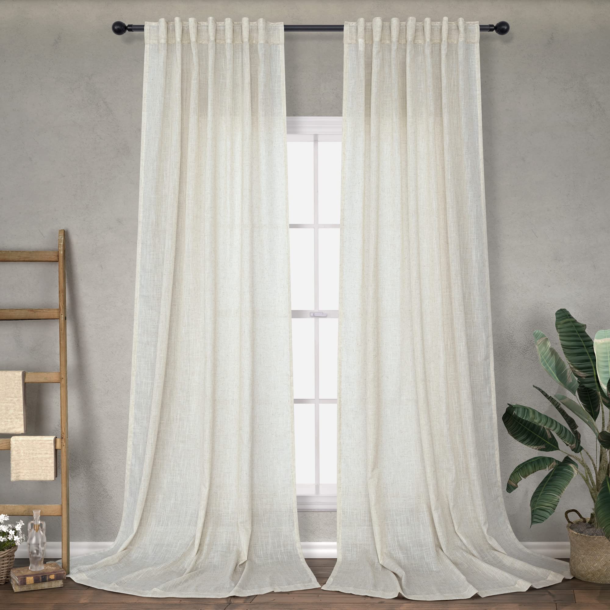 Natural Linen Back Tab Curtains 108 Inches Long For Living Room 2 Panels Set Back Tab Loop Pocket Drapes Light Filtering Semi Sh