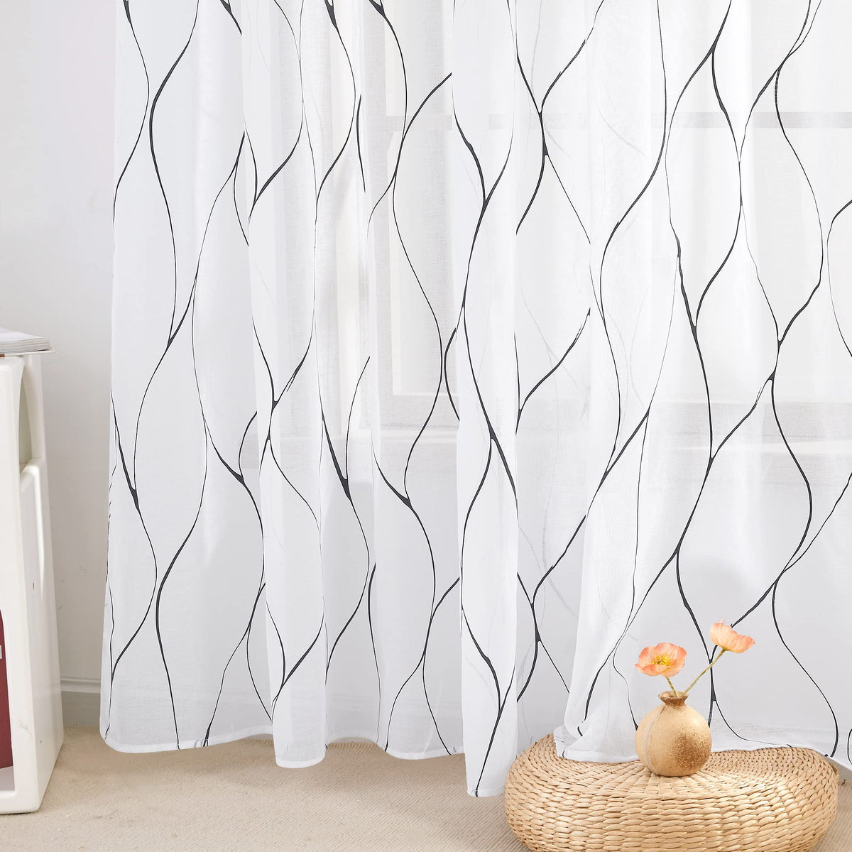 Deconovo Black Foil Printed, Wave Pattern, Semi Sheer Curtains - Grommet Top, Linen Look, Decorative Drapes For Glass Sliding Do