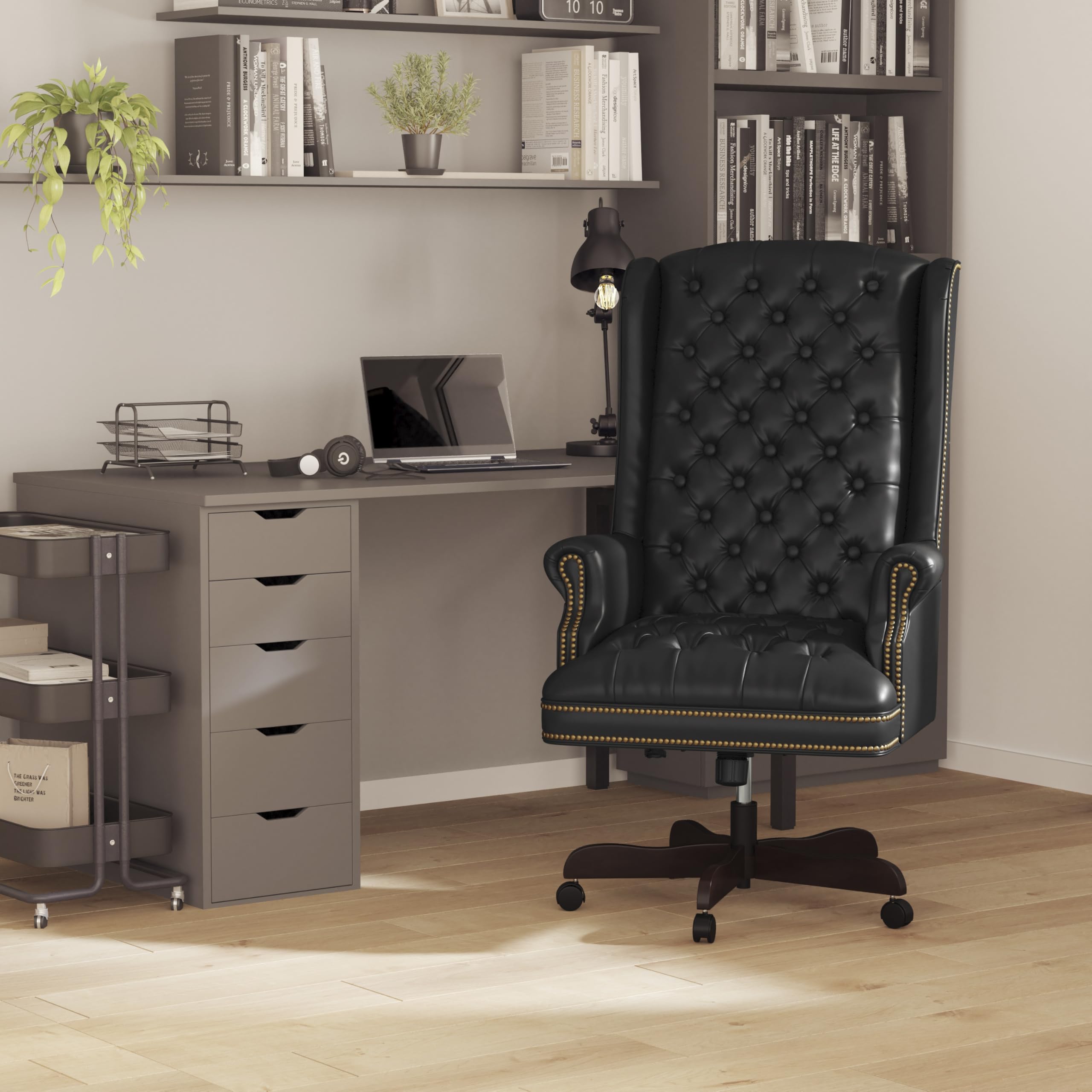 Flash Furniture High Back Traditional Fully Tufted Black LeatherSoft Executive Swivel Ergonomic Office Chair with Arms