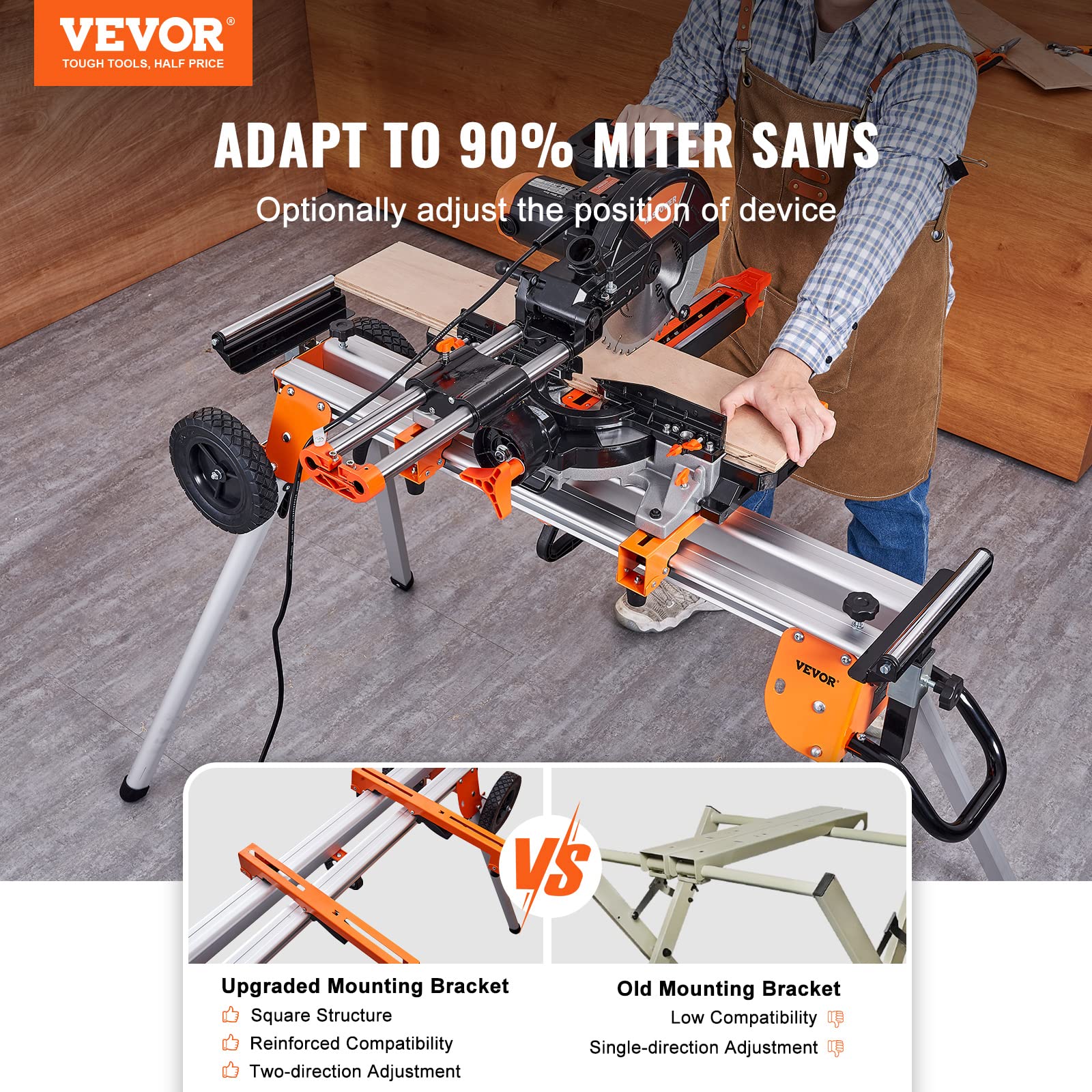 Vevor Miter Saw Stand, 100In Collapsible Rolling Miter Saw Stand With One-Piece Mounting Brackets Clamps Rollers, Heavy Duty Fol