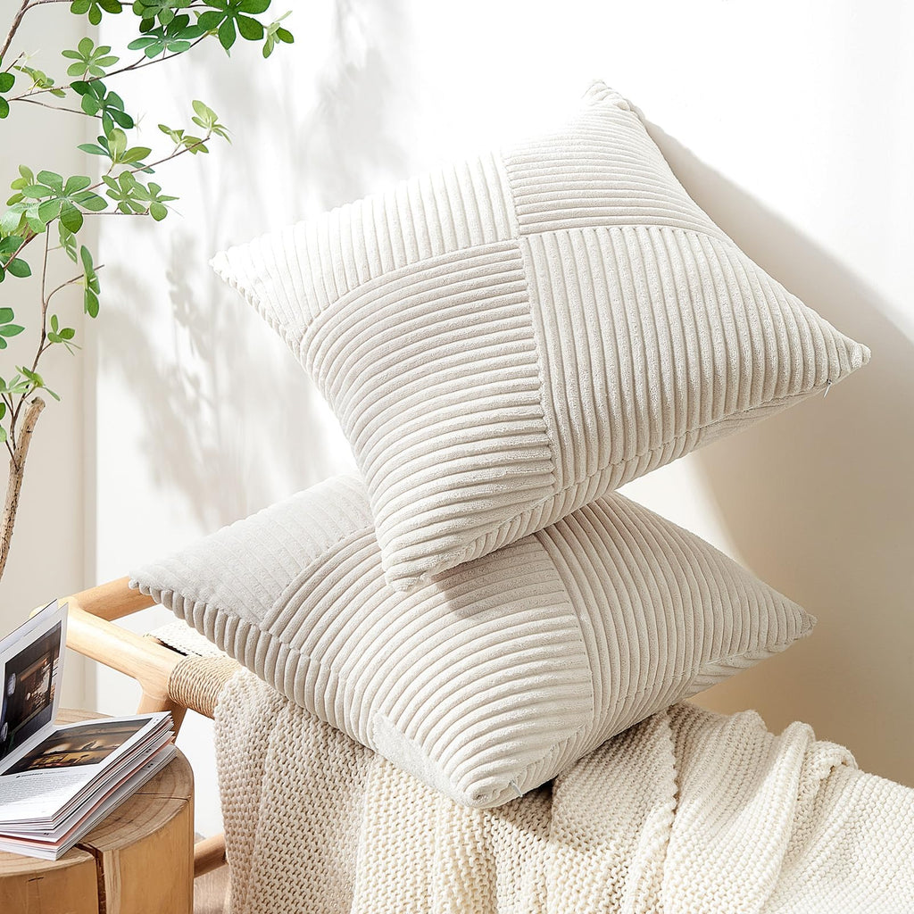 Topfinel 12X12 Inch Decorative Pillow Covers Set Of 2 For Couch Sofa Bed, Soft Corduroy Striped Patchwork Cream White Throw Pill