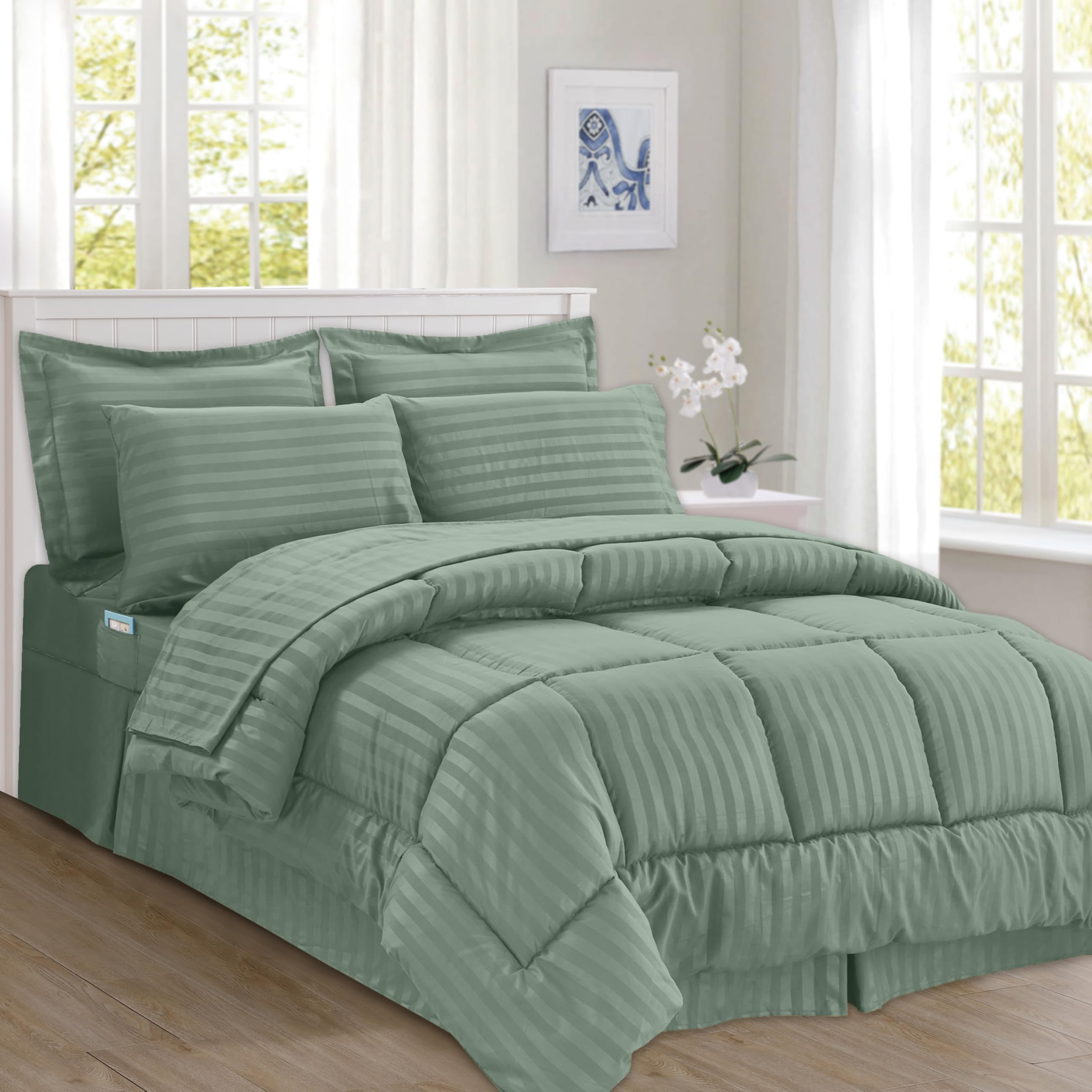 Elegant Comfort Silky Soft 8-Piece Dobby Stripe Bed-In-A-Bag Comforter Set, Includes 4Pc Smart Sheet Set, Bed Skirt, Comforter, Matching Pillowcases And Shams - Full/Queen, Smoke Green
