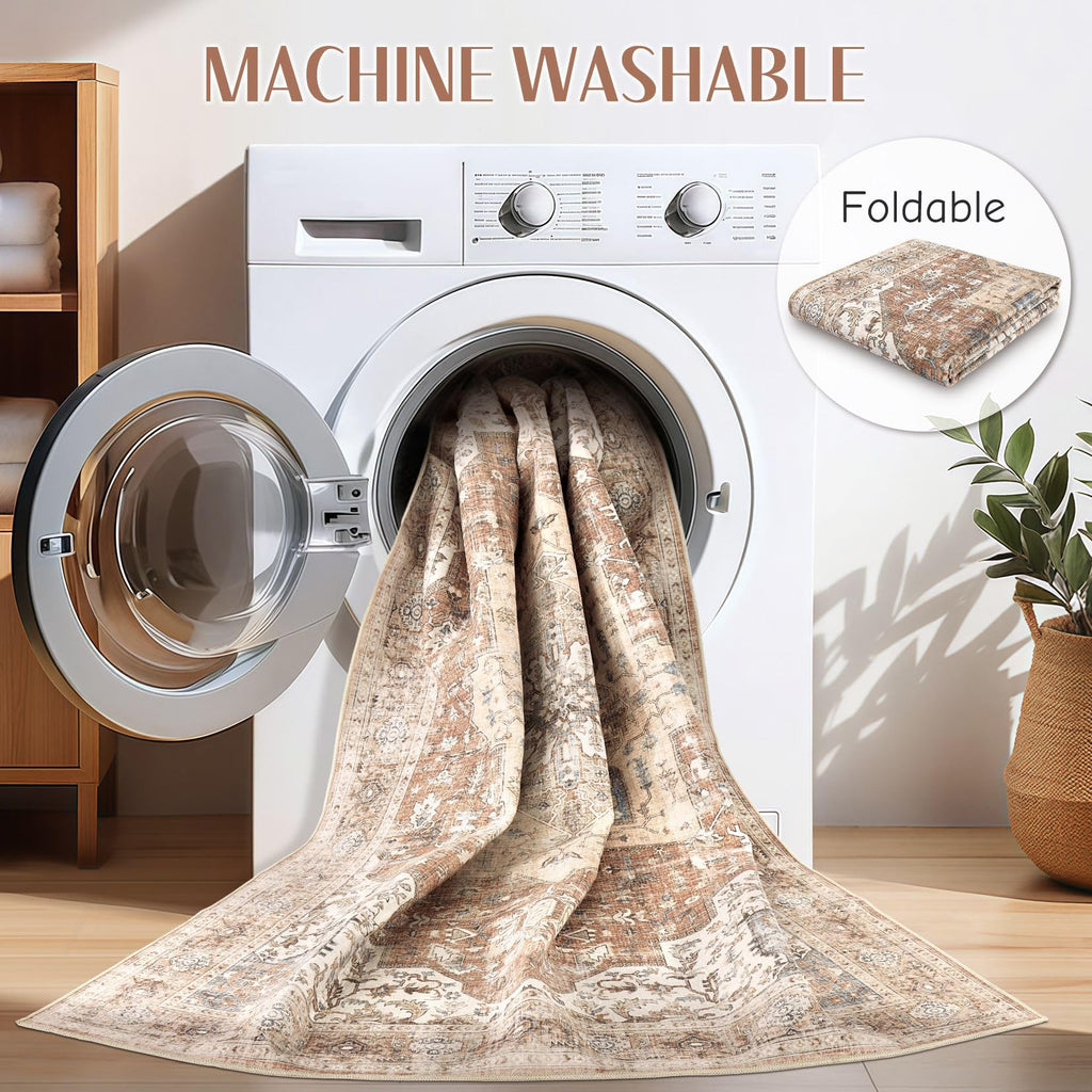 Dticon Washable Rug 9X12 Area Rugs: Boho Vintage Distressed Oriental Medallion Neutral Thin Large Rug Carpet For Living Room Bed