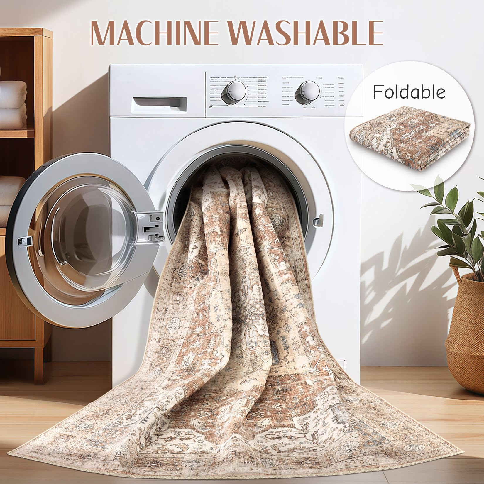 Dticon Washable Rug 9X12 Area Rugs: Boho Vintage Distressed Oriental Medallion Neutral Thin Large Rug Carpet For Living Room Bed