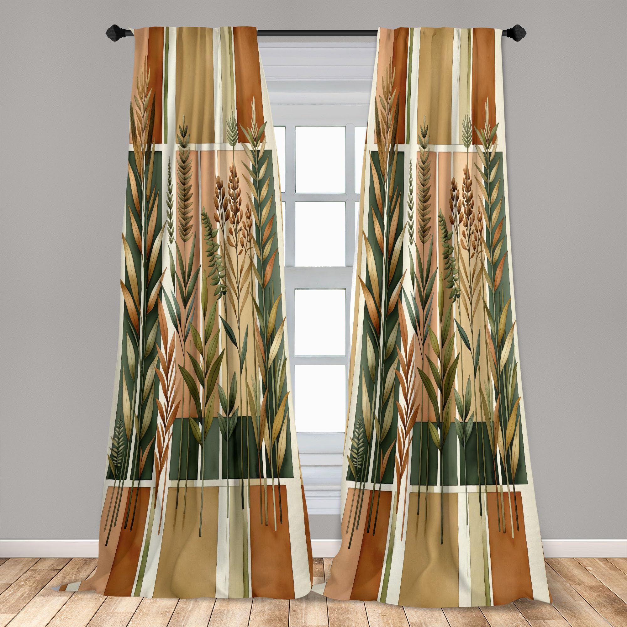 Ambesonne Botanical Curtains, Watercolor Fall Branches And Geometric Mid Century Modern Autumnal Art, Window Treatments 2 Panel