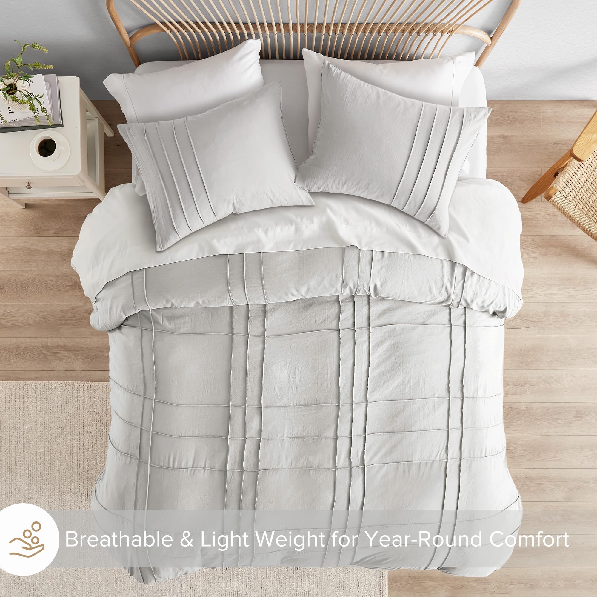 Comfort Spaces Silver Queen Size Duvet Cover Set - 3-Pc Pintuck Pleated Duvet Cover Queen, All Season Lightweight, Extra Softness Pre-Washed Microfiber Queen Bed Cover Shams, Queen