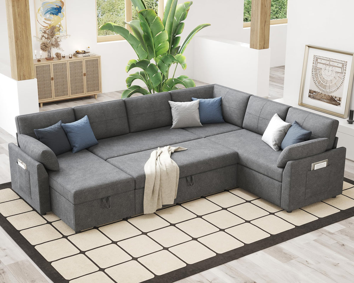 Vanacc Pull Out Sofa, 112 Inch Oversized U Shape Sleeper Sofa Couch With Storage Chaise & 3 Seater, Comfy Couch With Pull Out Be