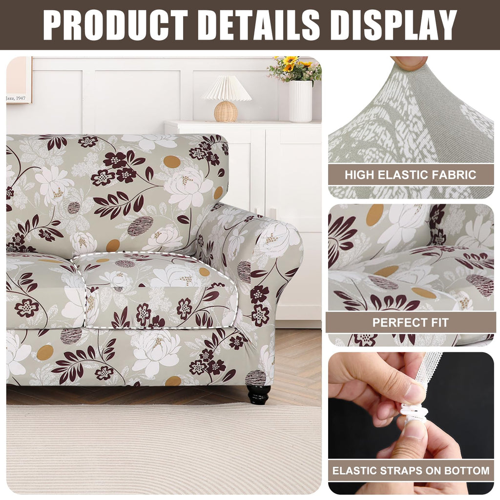 Searchi Stretch Sofa Cover Printed Couch Cover, Floral Pattern 3 Pieces Loveseat Slipcover With 2 Separate Cushion Cover, Washable Furniture Protector For Living Room(Loveseat, Brown Flowers)