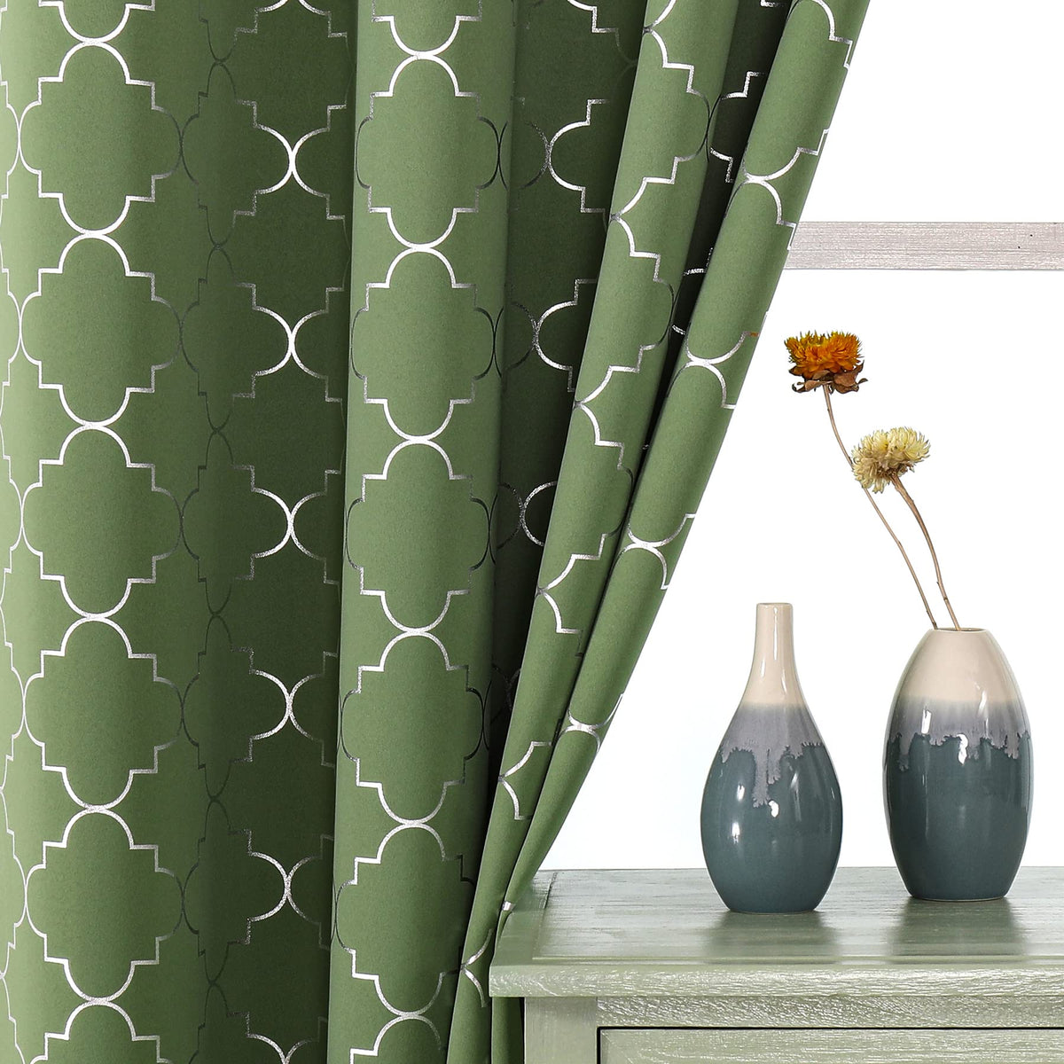 Enactex 100% Full Blackout Curtains 63 Inch Length Thermal Insulated Green Curtain With Geometric Metallic Silver Pattern, Light